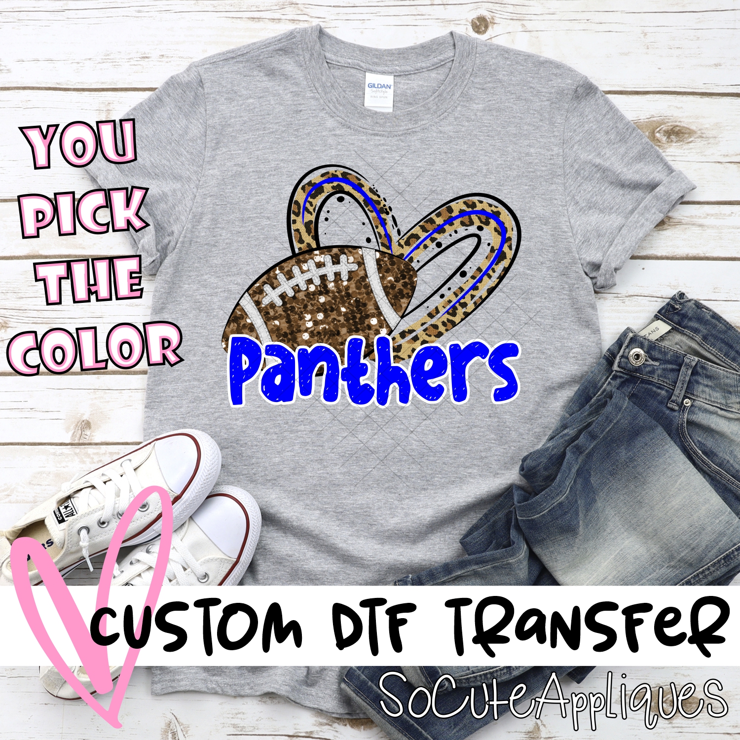 CUSTOM PANTHERS (faux) glitter football leopard heart *DTF* Transfer
