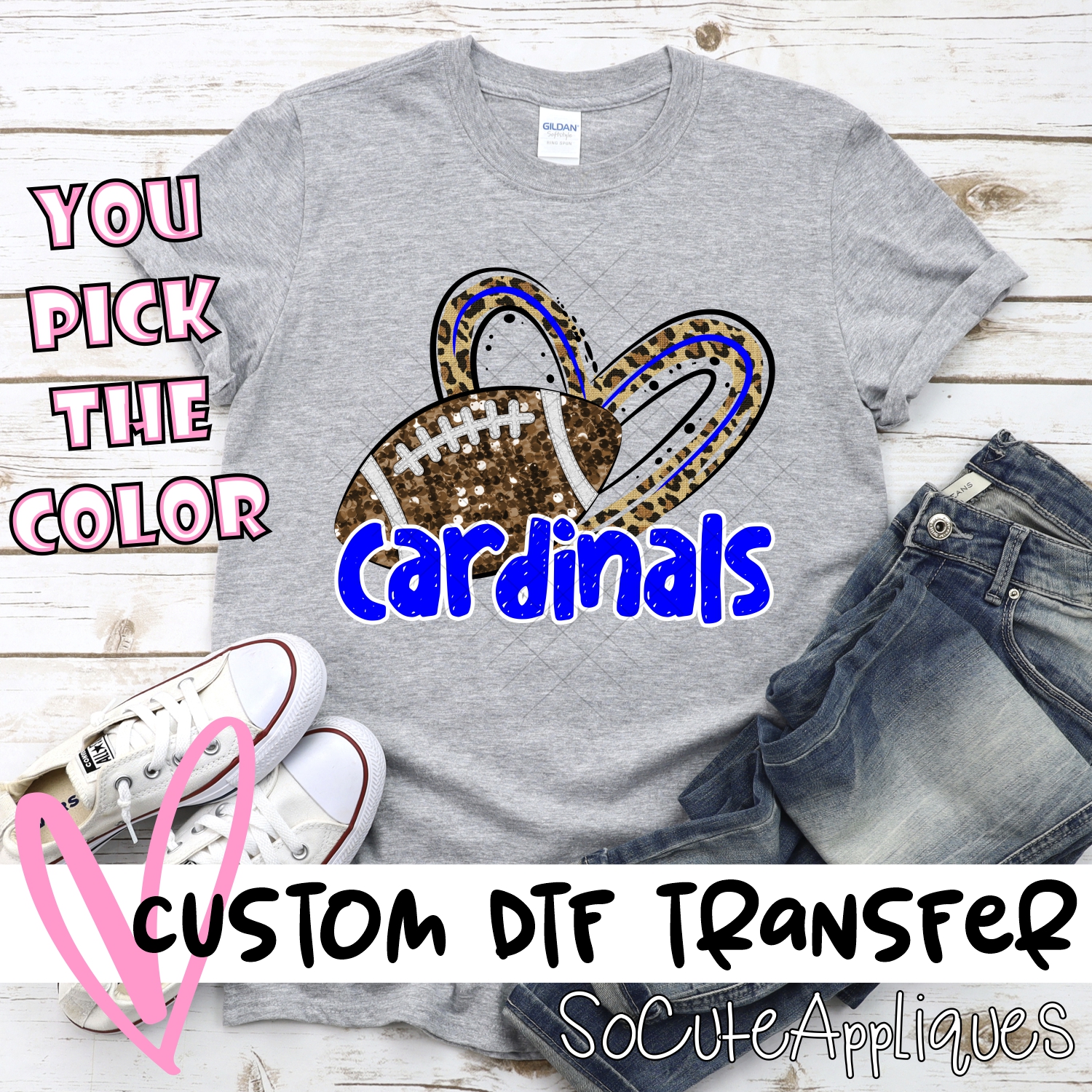 CUSTOM CARDINALS (faux) glitter football leopard heart *DTF* Transfer