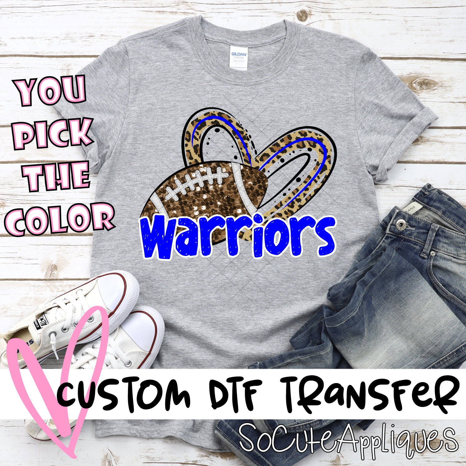 CUSTOM WARRIORS (faux) glitter football leopard heart *DTF* Transfer