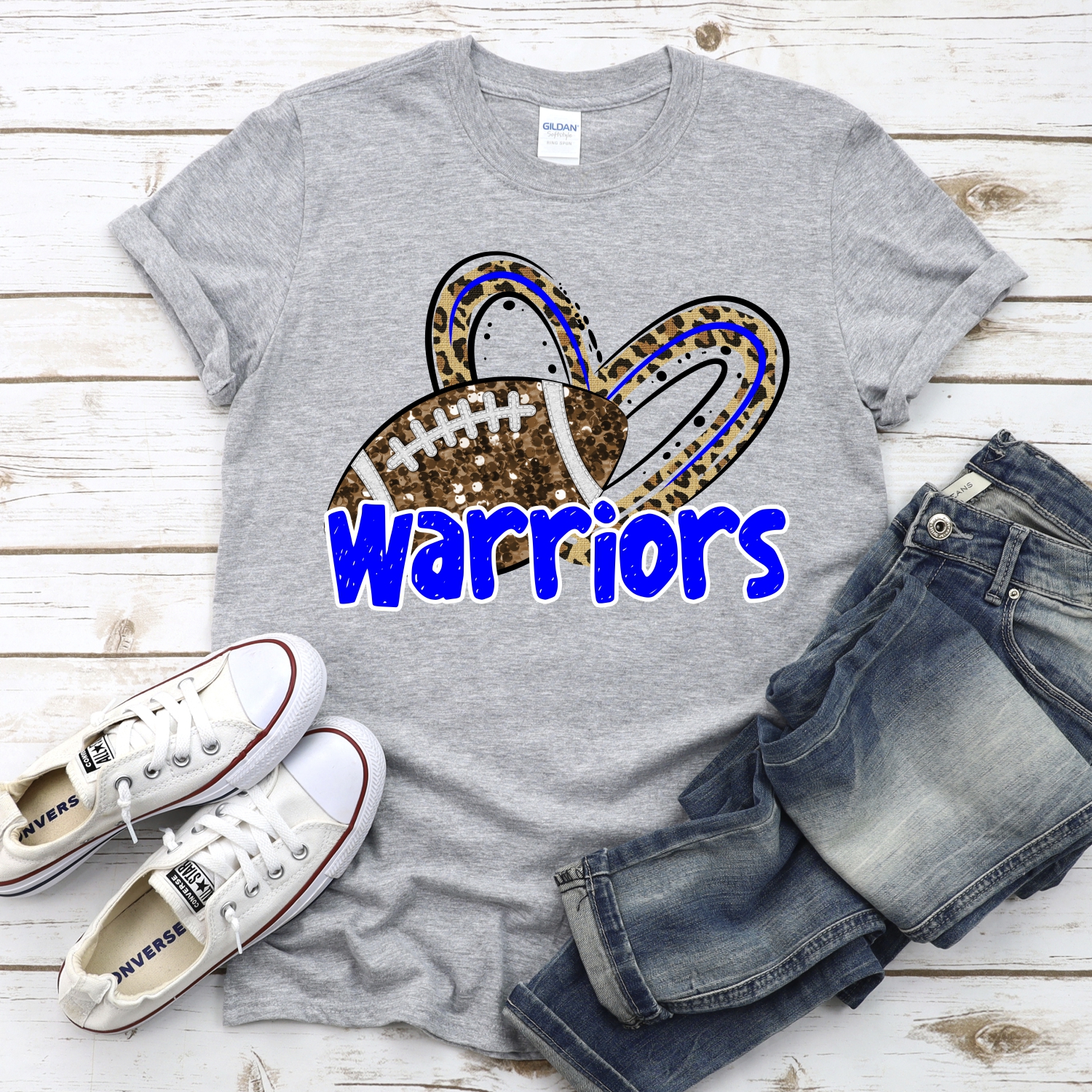 CUSTOM WARRIORS (faux) glitter football leopard heart *DTF* Transfer - Image 2