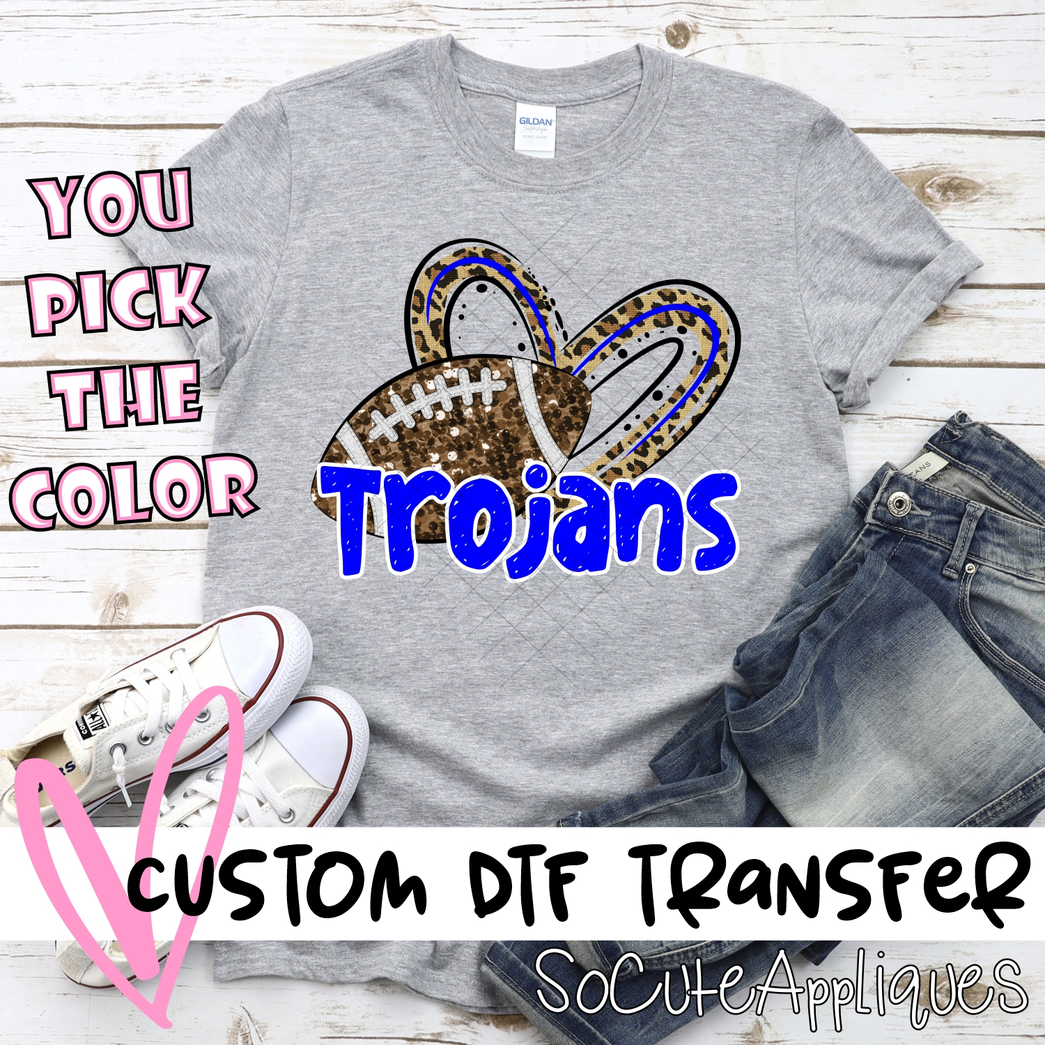 CUSTOM TROJANS (faux) glitter football leopard heart *DTF* Transfer