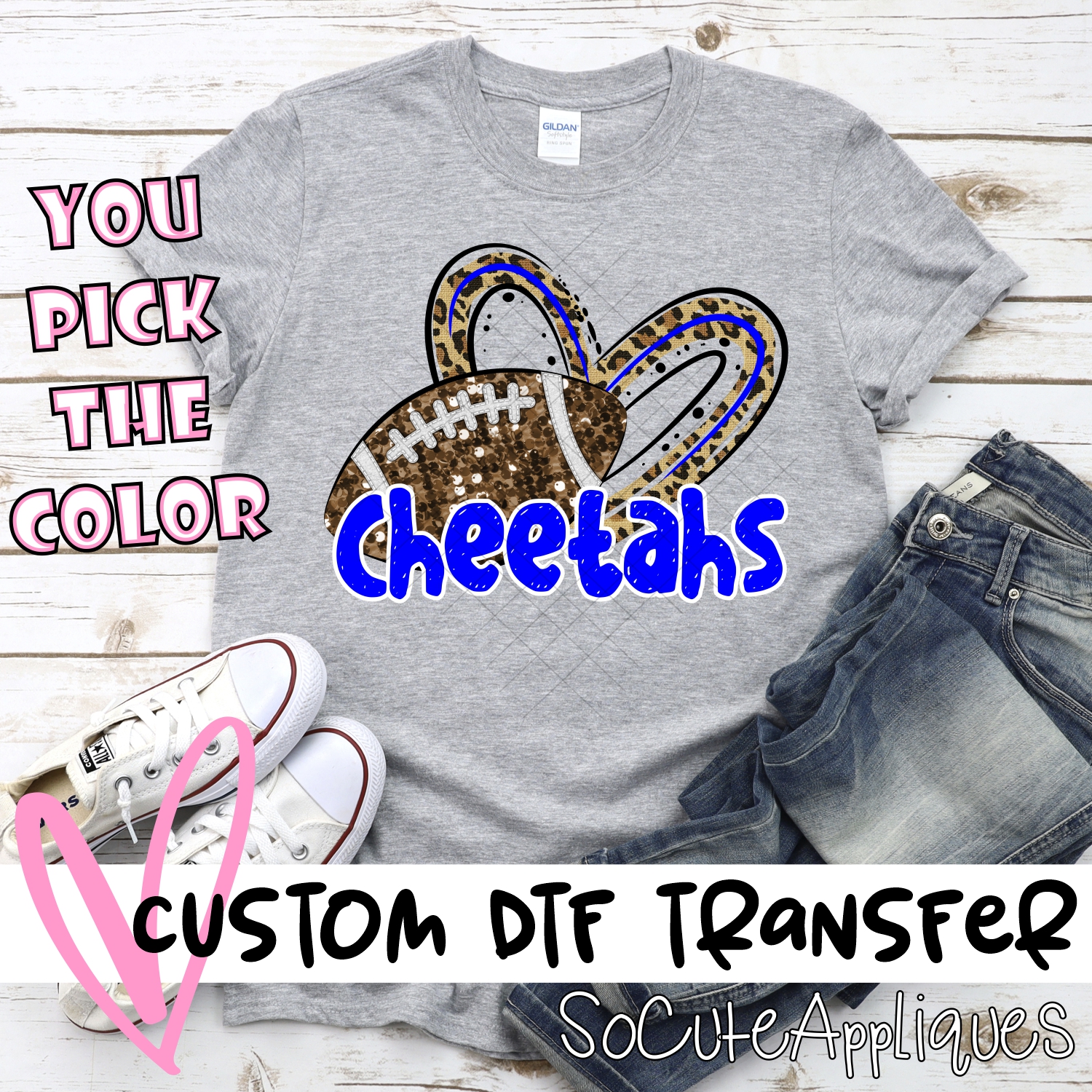 CUSTOM CHEETAHS (faux) glitter football leopard heart *DTF* Transfer