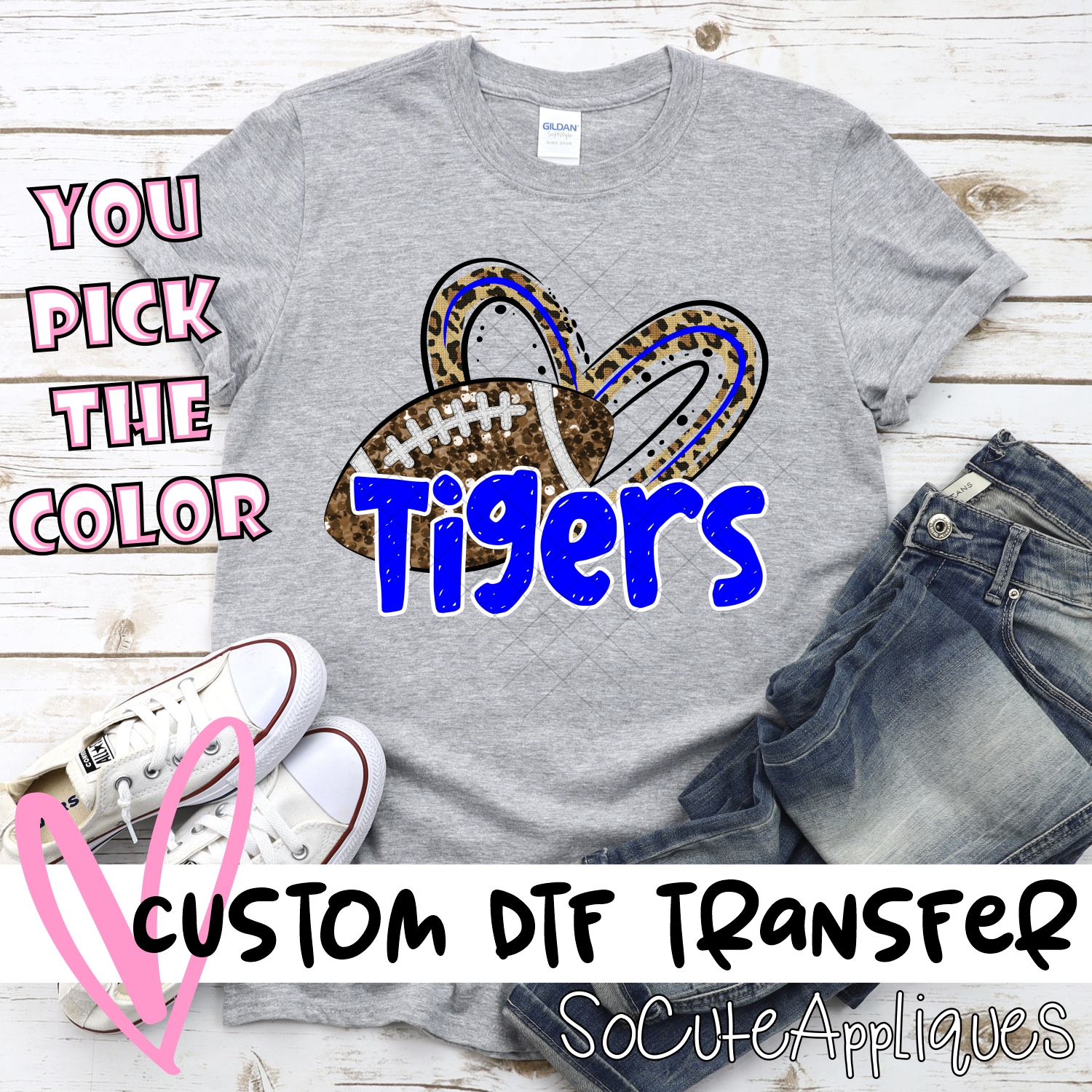 CUSTOM TIGERS (faux) glitter football leopard heart *DTF* Transfer