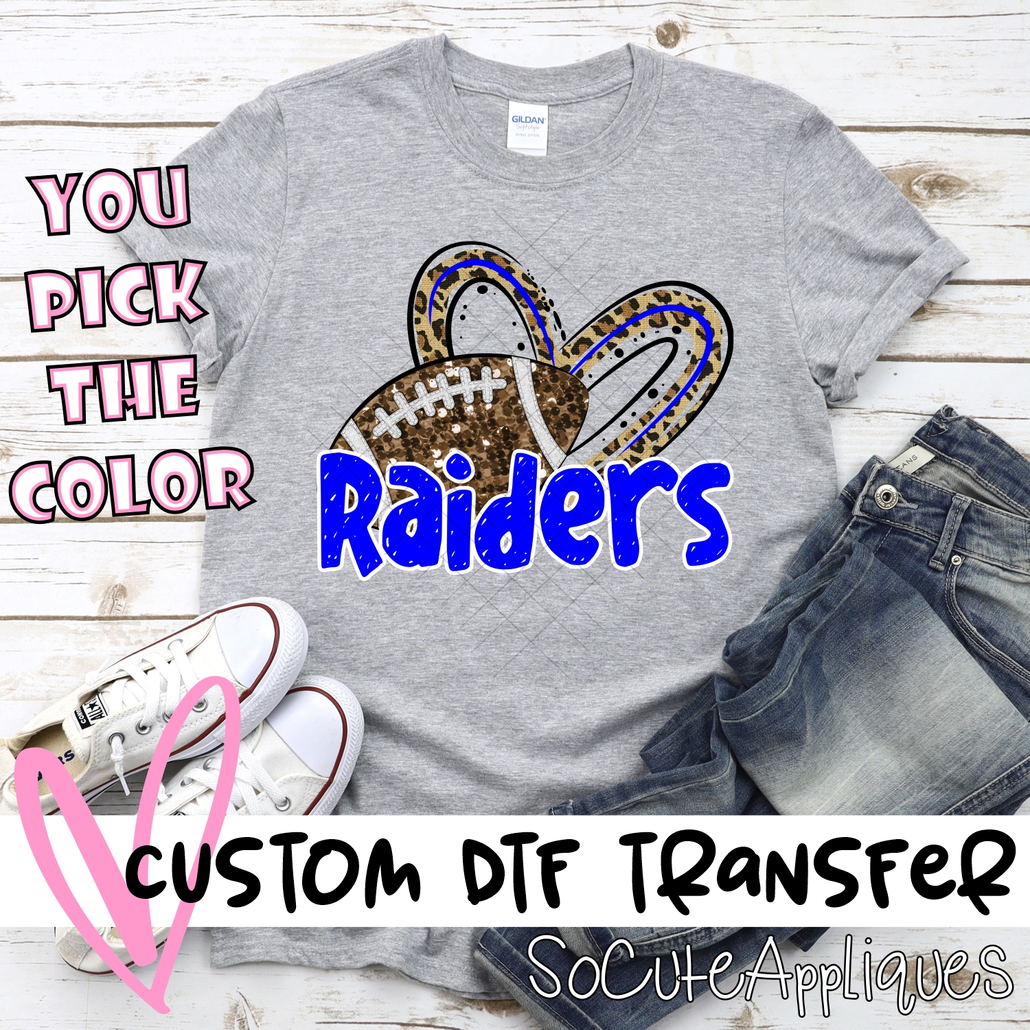 CUSTOM RAIDERS (faux) glitter football leopard heart *DTF* Transfer