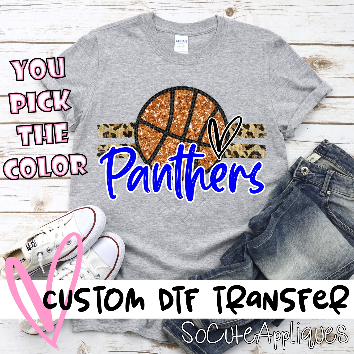 CUSTOM PANTHERS (faux) glitter Basketball on leopard stripes *DTF* Transfer