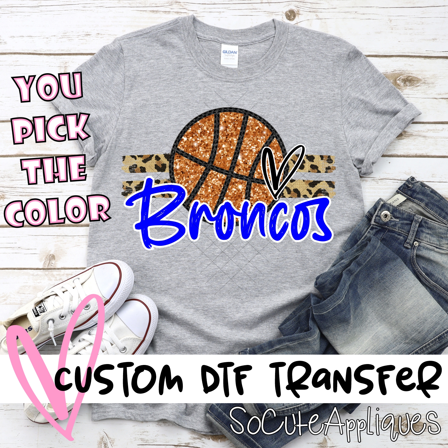 CUSTOM BRONCOS (faux) glitter Basketball on leopard stripes *DTF* Transfer