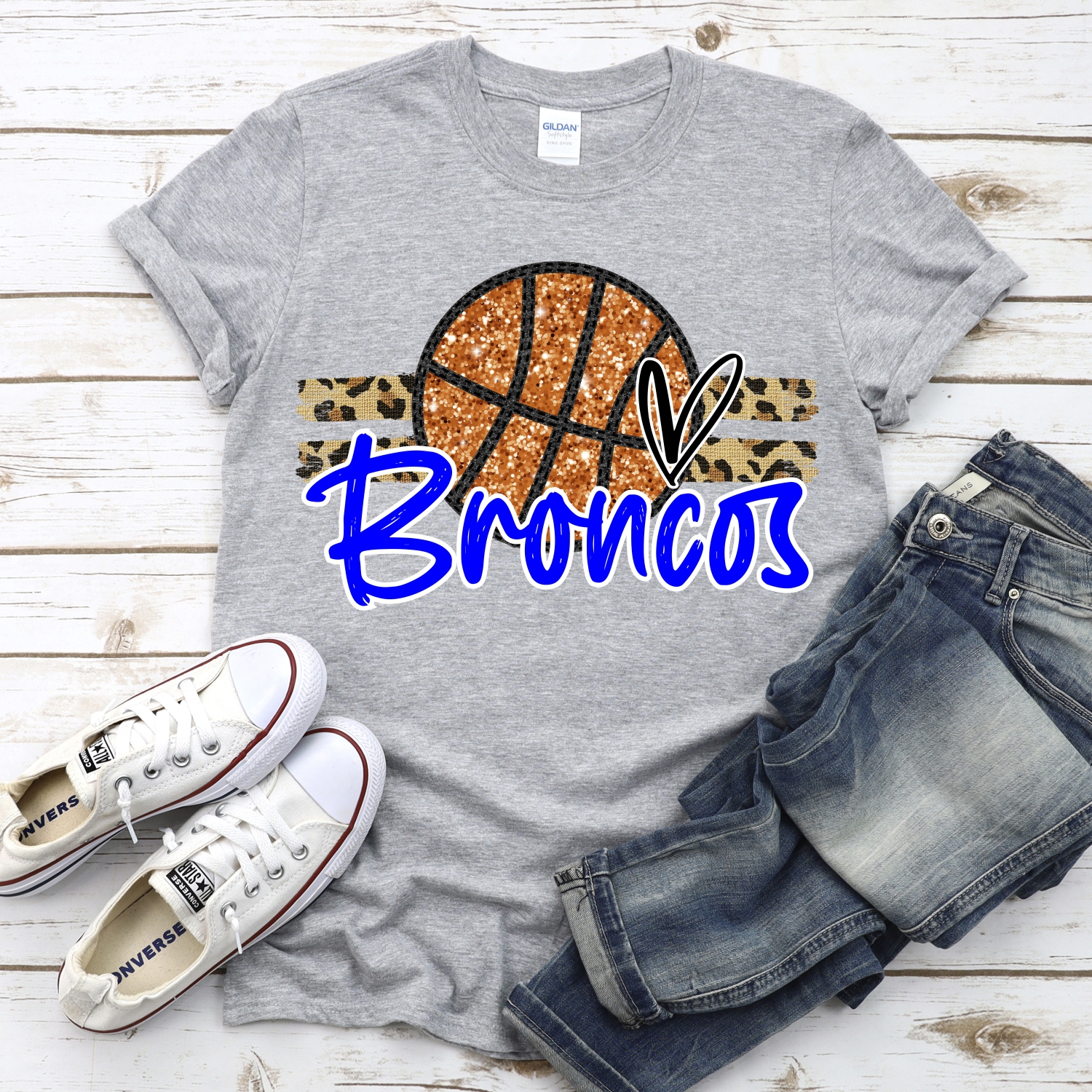 CUSTOM BRONCOS (faux) glitter Basketball on leopard stripes *DTF* Transfer - Image 2
