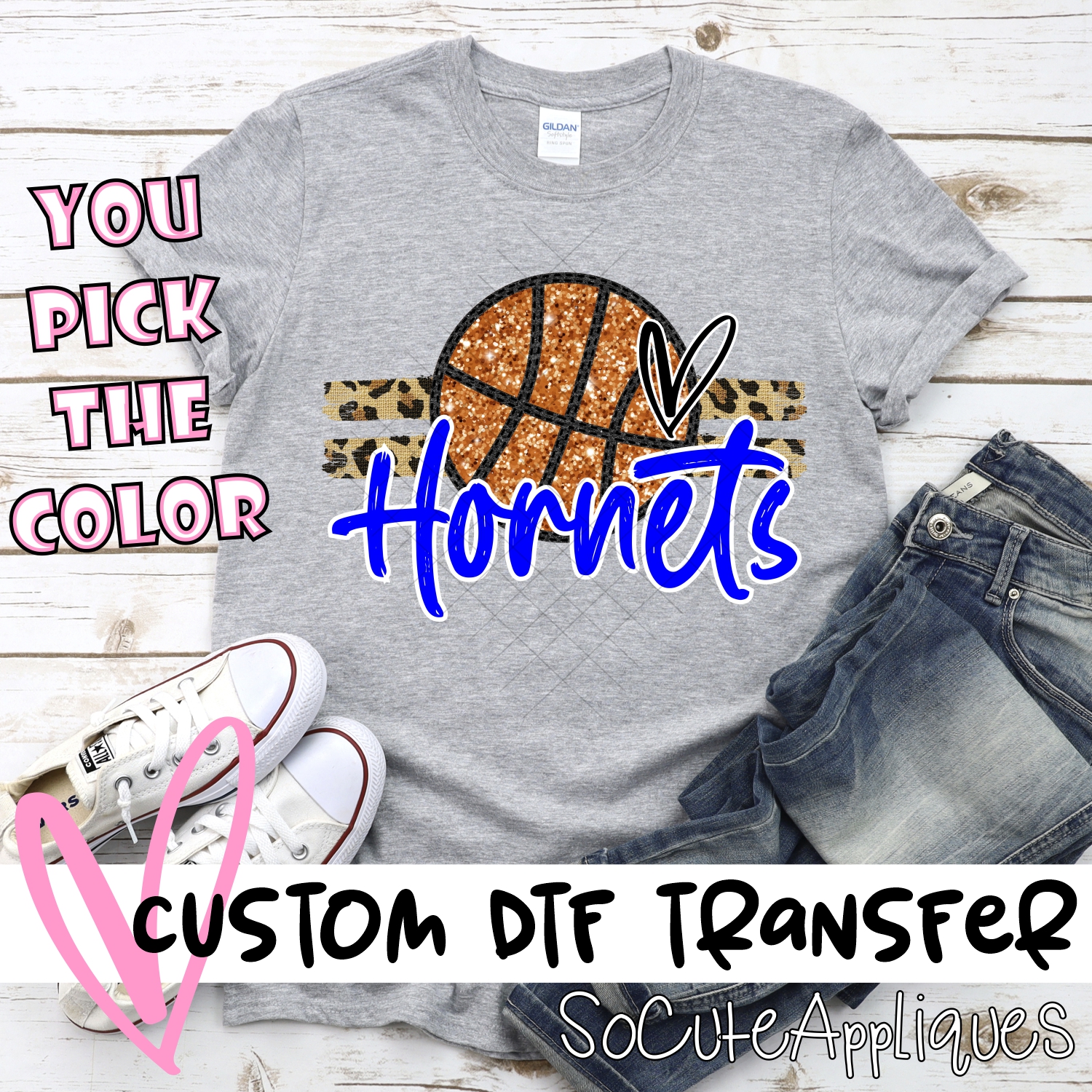 CUSTOM HORNETS (faux) glitter Basketball on leopard stripes *DTF* Transfer