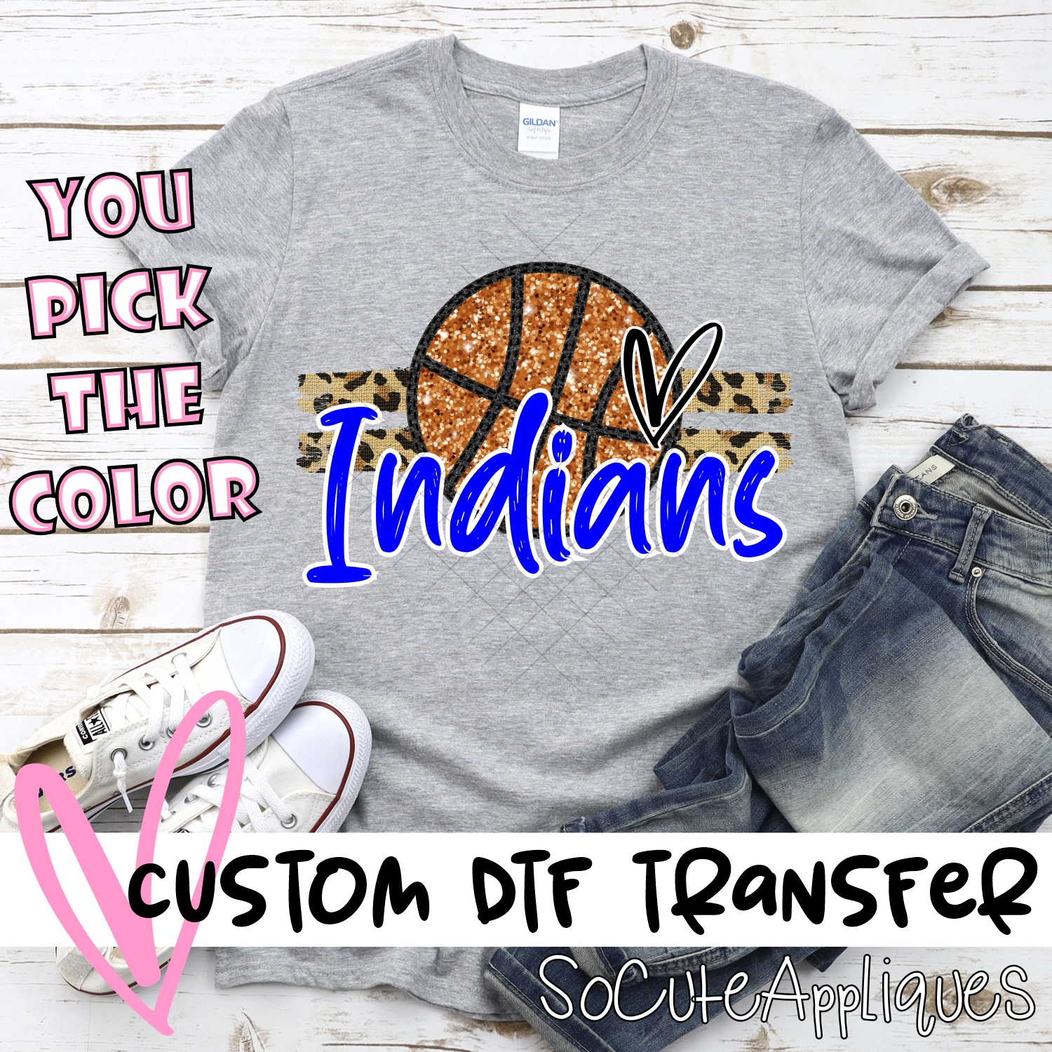 CUSTOM INDIANS (faux) glitter Basketball on leopard stripes *DTF* Transfer