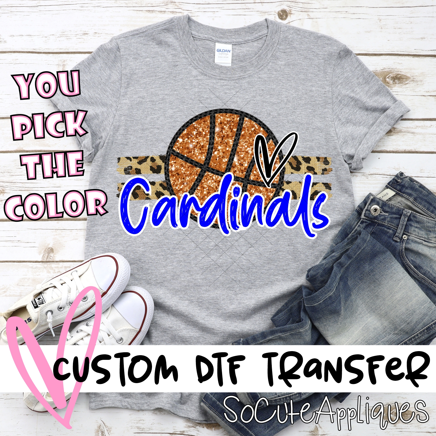 CUSTOM CARDINALS (faux) glitter Basketball on leopard stripes *DTF* Transfer