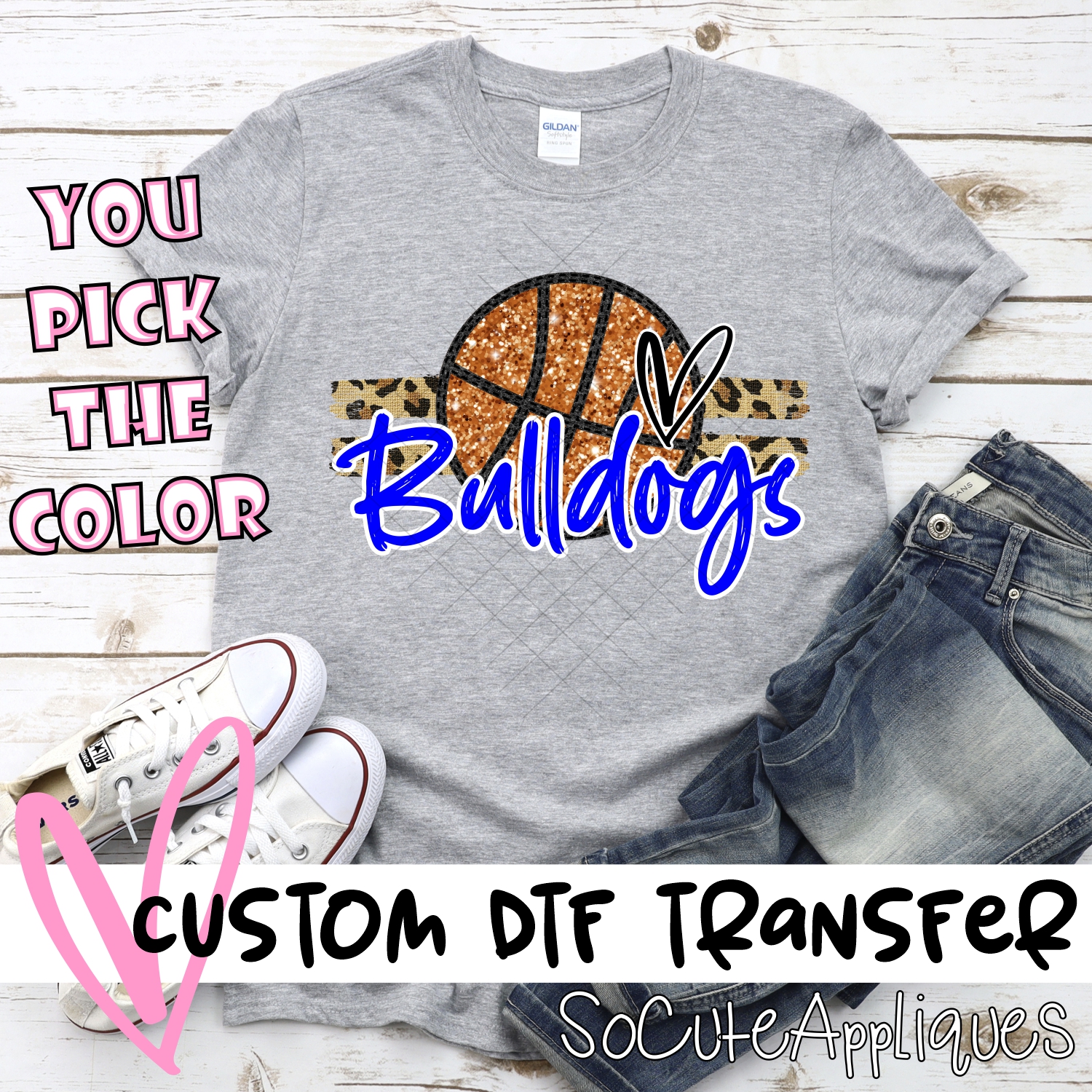 CUSTOM BULLDOGS (faux) glitter Basketball on leopard stripes *DTF* Transfer