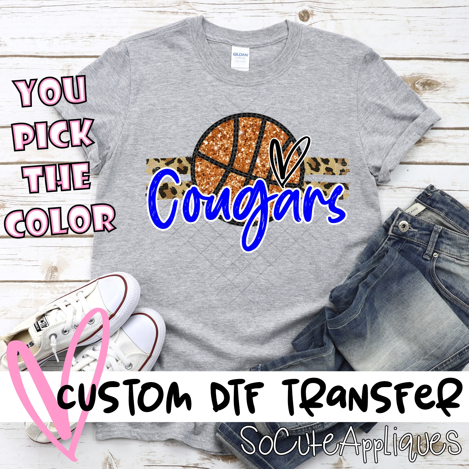 CUSTOM COUGARS (faux) glitter Basketball on leopard stripes *DTF* Transfer