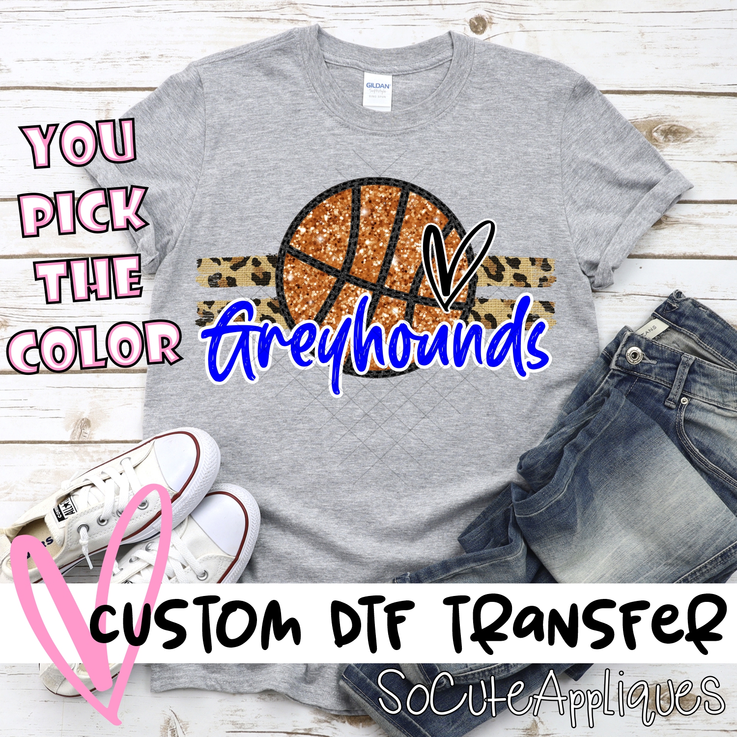 CUSTOM GREYHOUNDS (faux) glitter Basketball on leopard stripes *DTF* Transfer