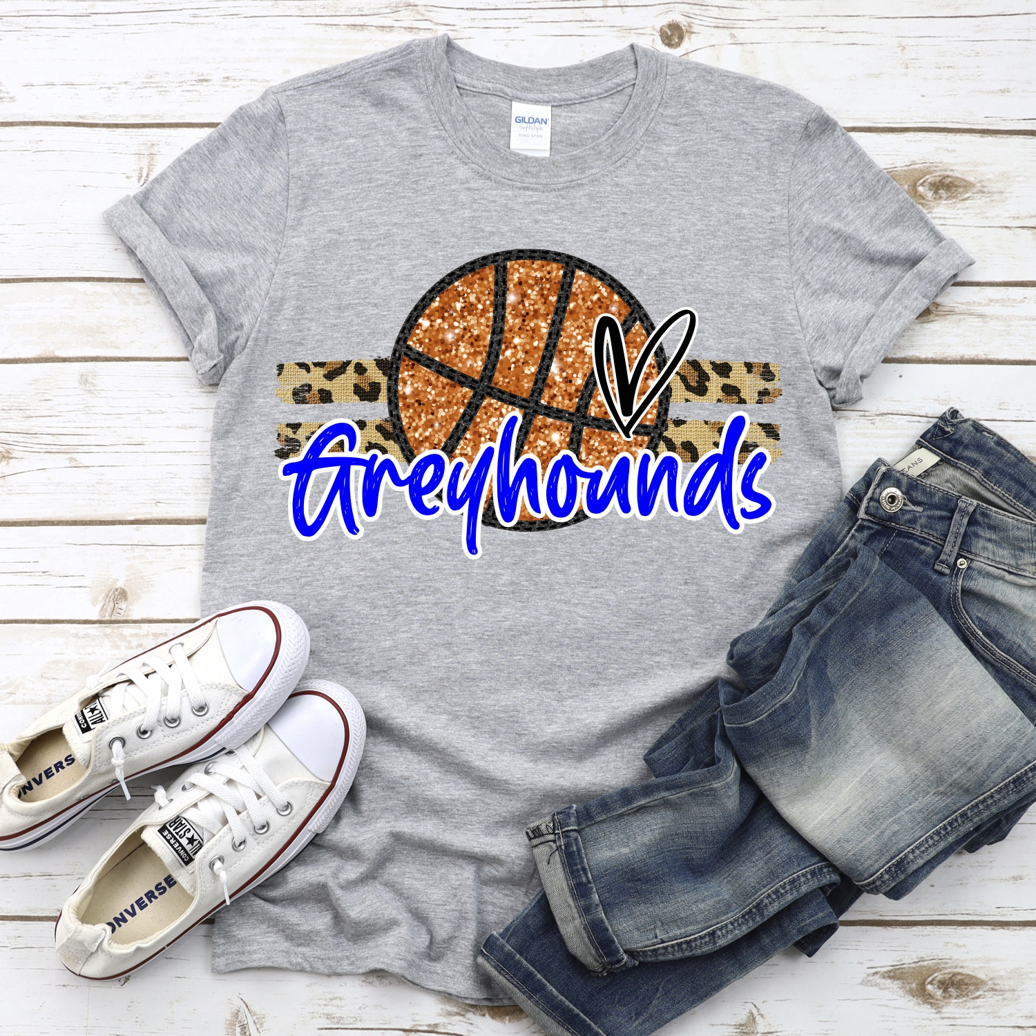 CUSTOM GREYHOUNDS (faux) glitter Basketball on leopard stripes *DTF* Transfer - Image 2