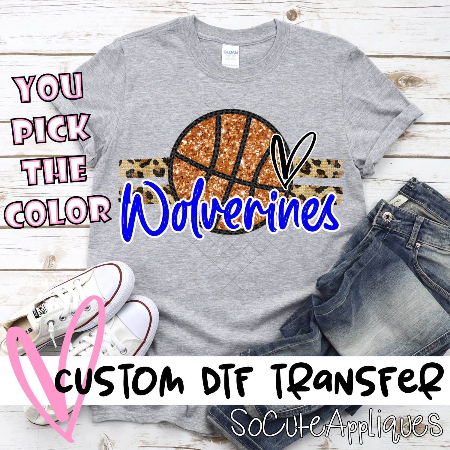 CUSTOM WOLVERINES (faux) glitter Basketball on leopard stripes *DTF* Transfer