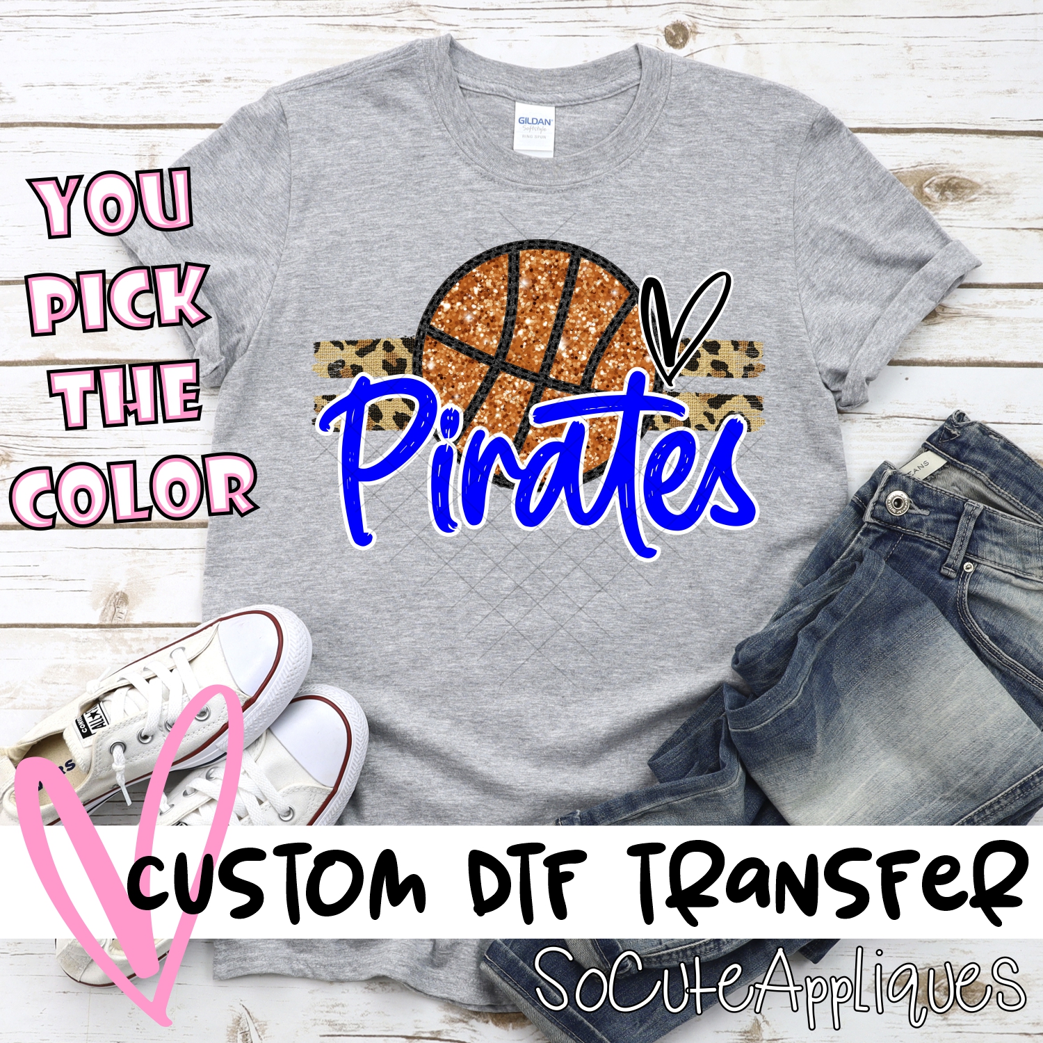CUSTOM PIRATES (faux) glitter Basketball on leopard stripes *DTF* Transfer
