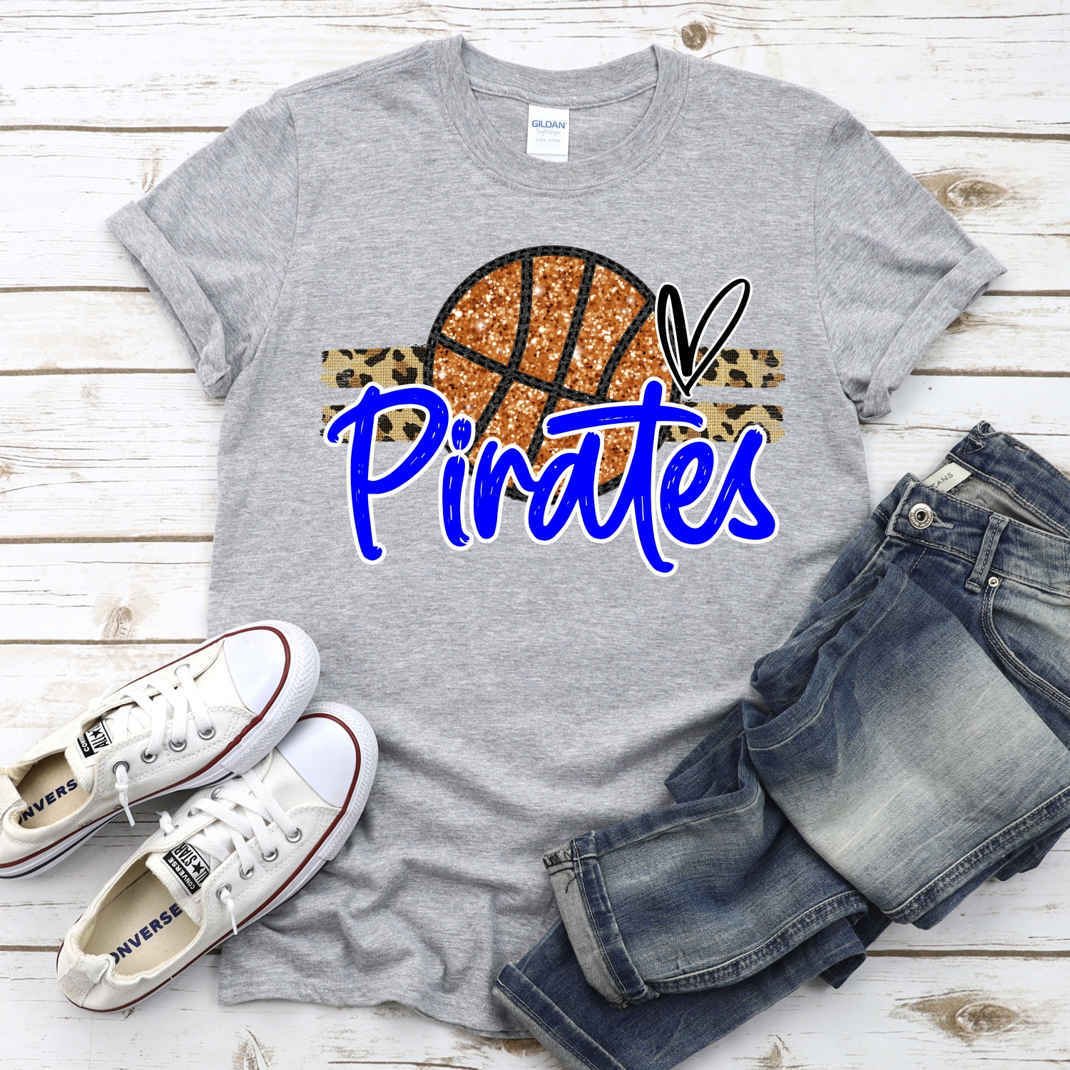 CUSTOM PIRATES (faux) glitter Basketball on leopard stripes *DTF* Transfer - Image 2