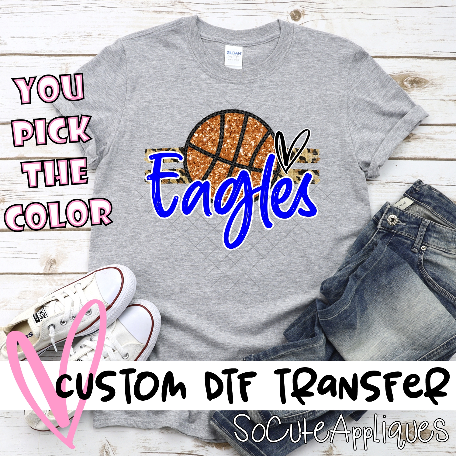 CUSTOM EAGLES (faux) glitter Basketball on leopard stripes *DTF* Transfer