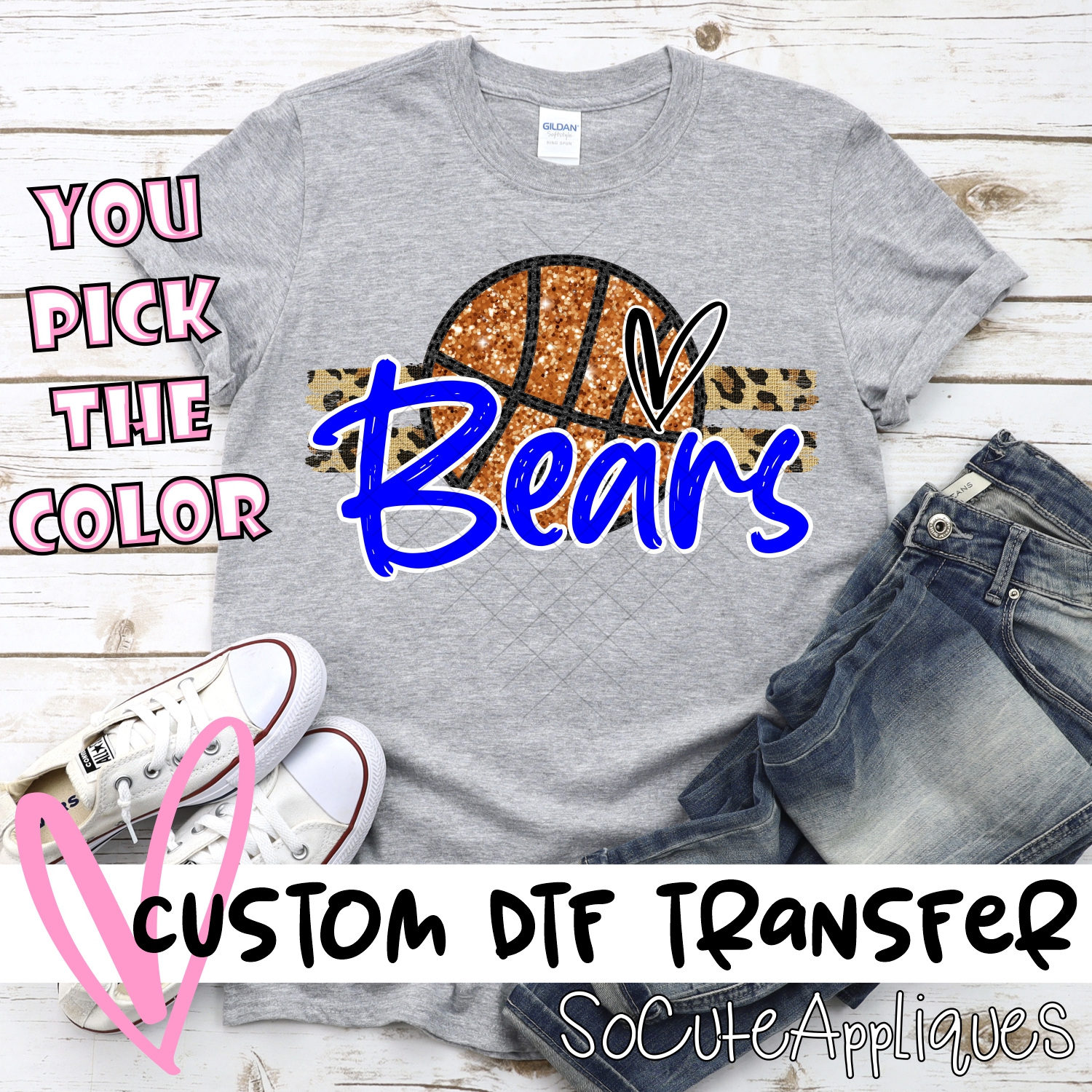 CUSTOM BEARS (faux) glitter Basketball on leopard stripes *DTF* Transfer