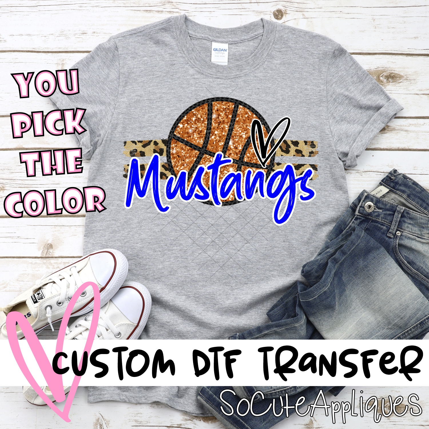 CUSTOM MUSTANGS (faux) glitter Basketball on leopard stripes *DTF* Transfer