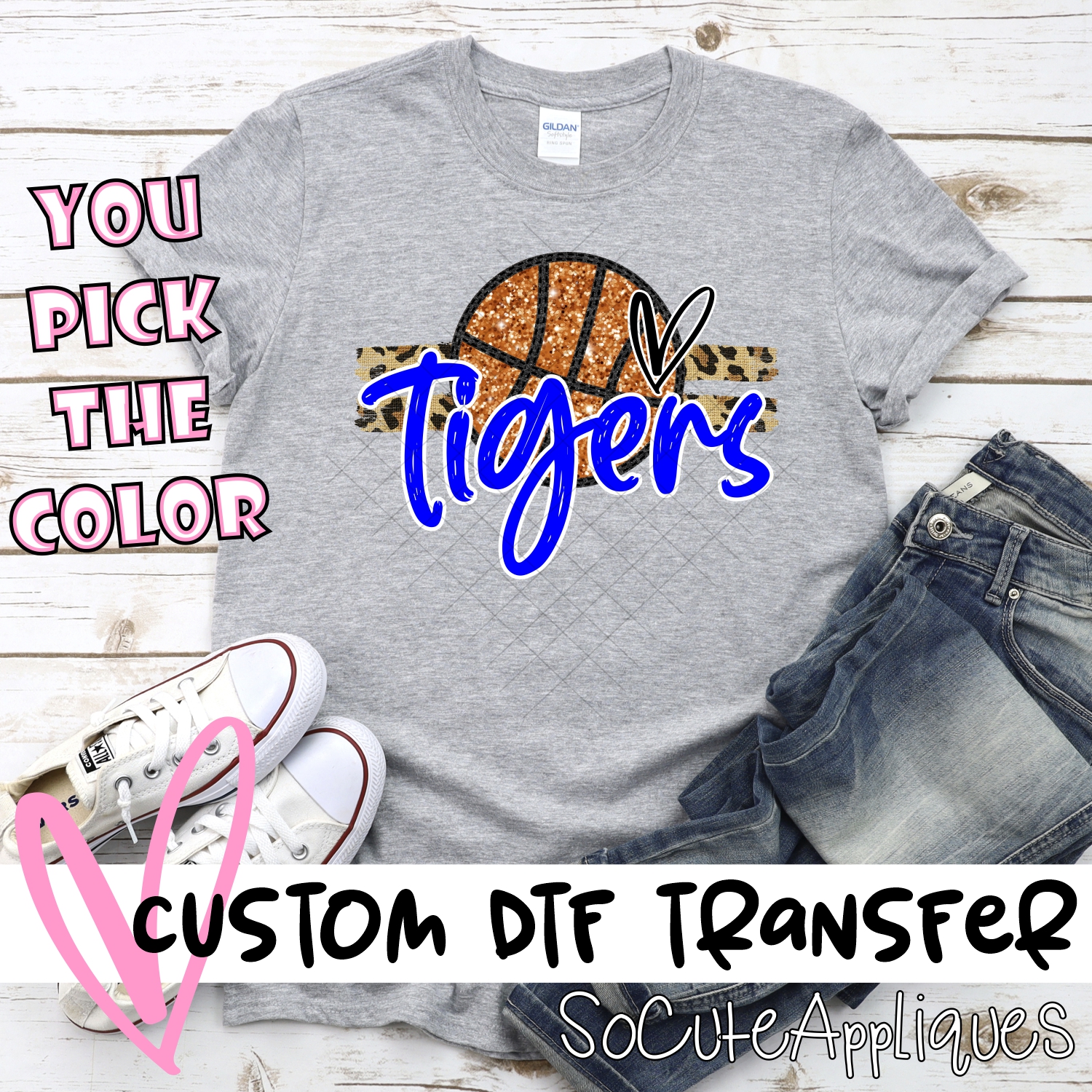CUSTOM TIGERS (faux) glitter Basketball on leopard stripes *DTF* Transfer