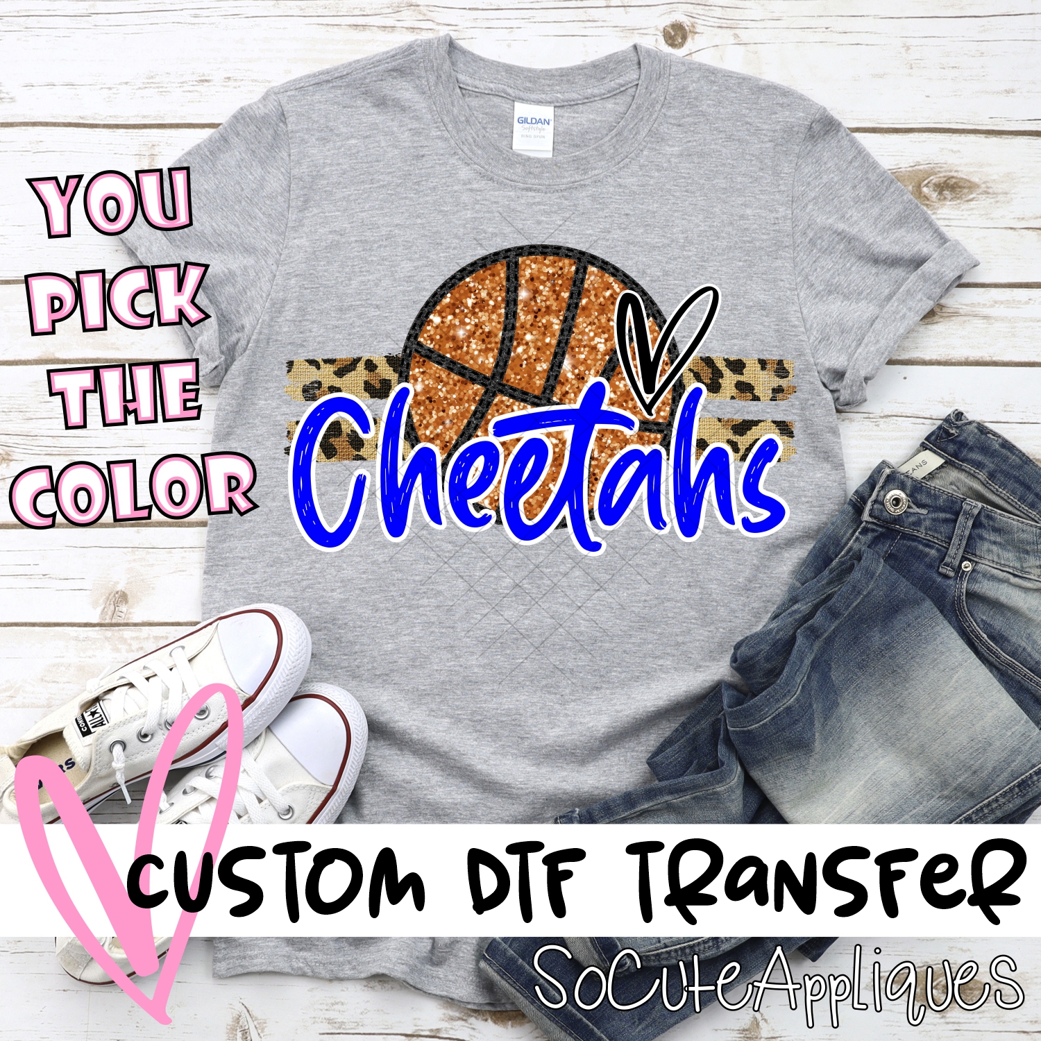 CUSTOM CHEETAHS (faux) glitter Basketball on leopard stripes *DTF* Transfer