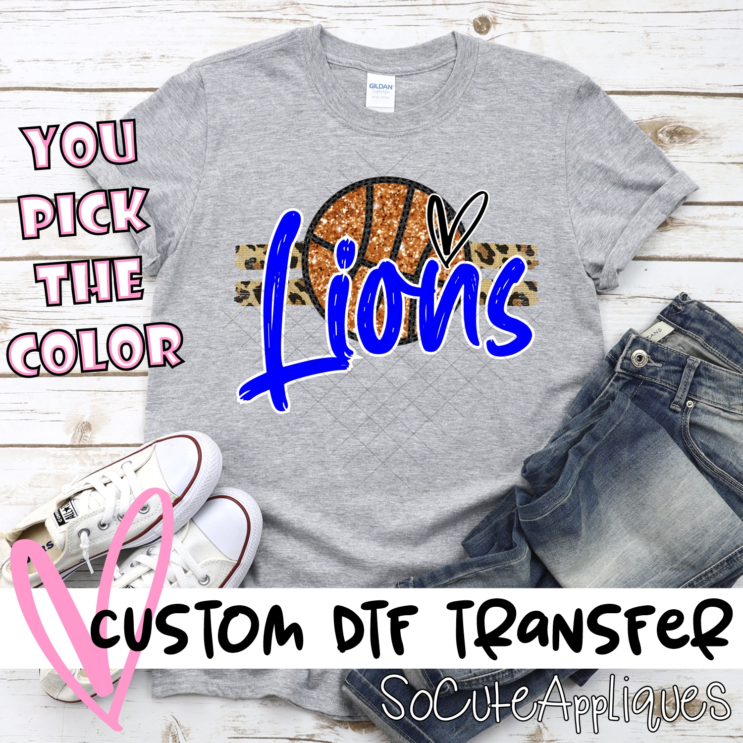 CUSTOM LIONS (faux) glitter Basketball on leopard stripes *DTF* Transfer