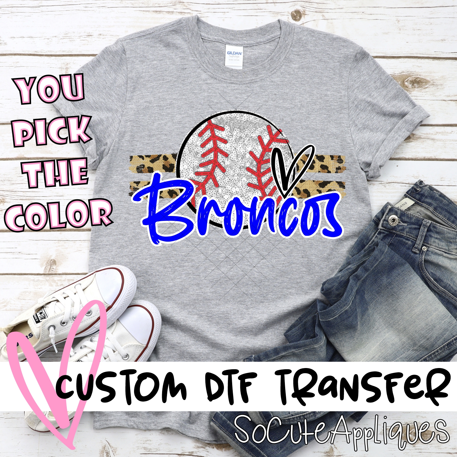 CUSTOM BRONCOS (faux) glitter Baseball on leopard stripes *DTF* Transfer
