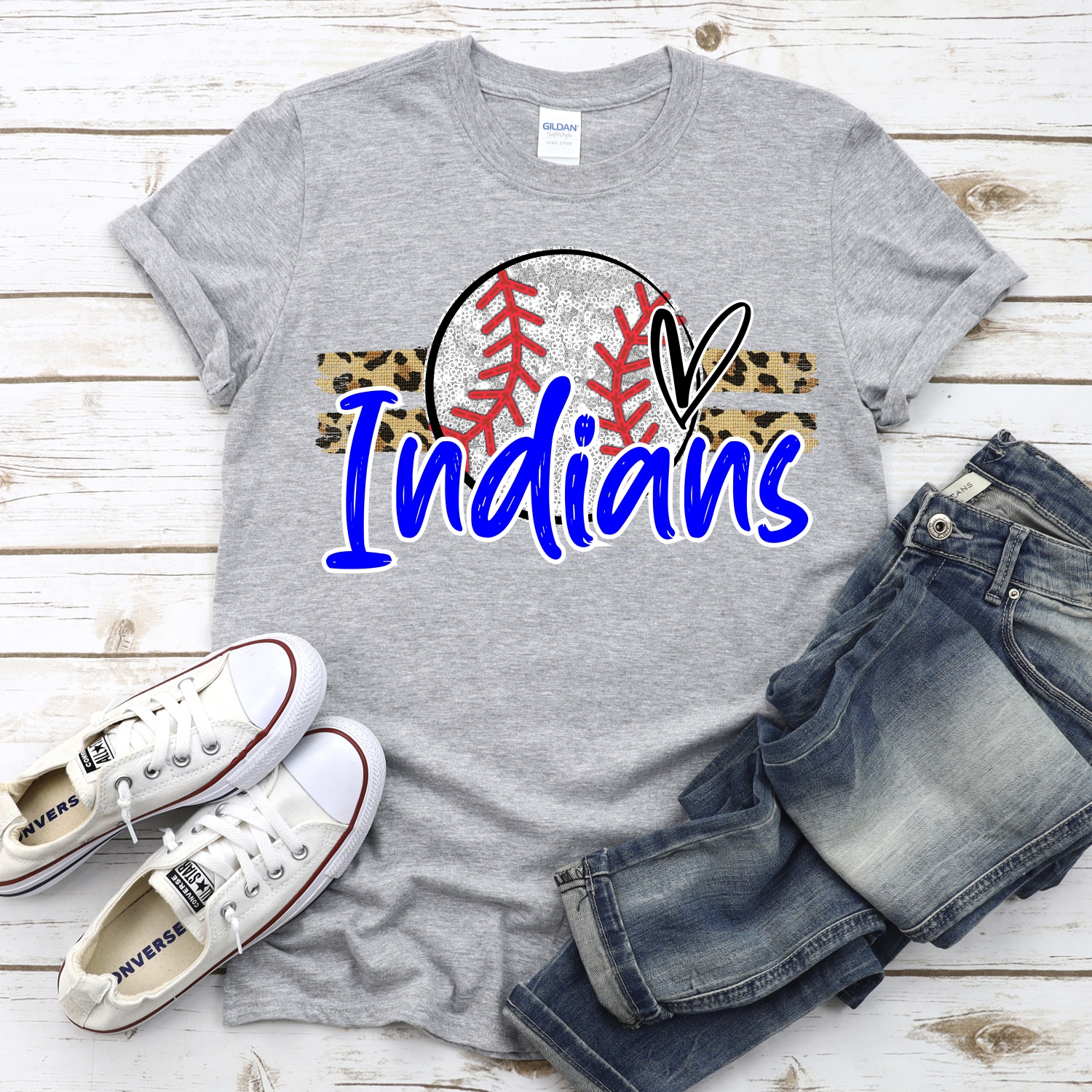 CUSTOM INDIANS (faux) glitter Baseball on leopard stripes *DTF* Transfer - Image 2