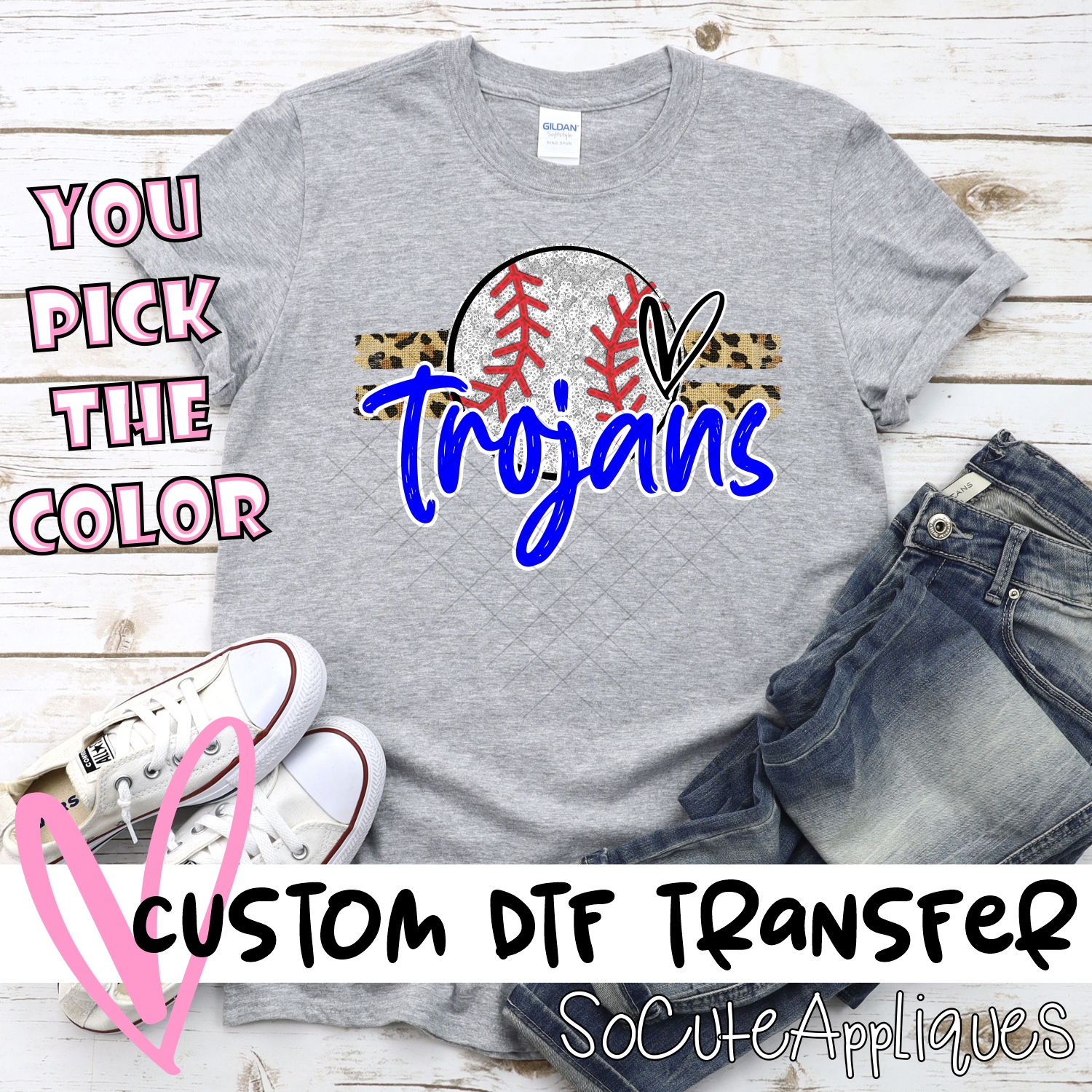 CUSTOM TROJANS (faux) glitter Baseball on leopard stripes *DTF* Transfer
