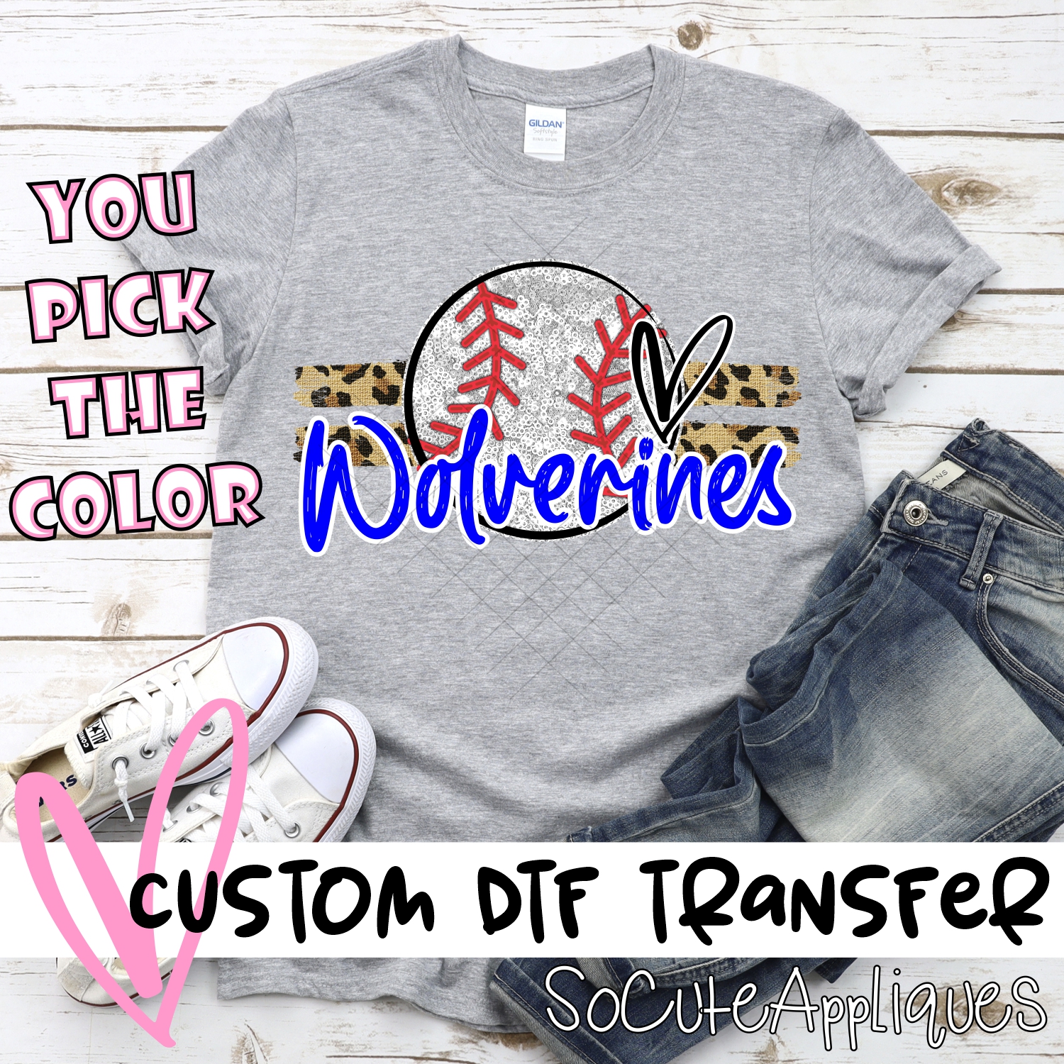 CUSTOM WOLVERINES (faux) glitter Baseball on leopard stripes *DTF* Transfer