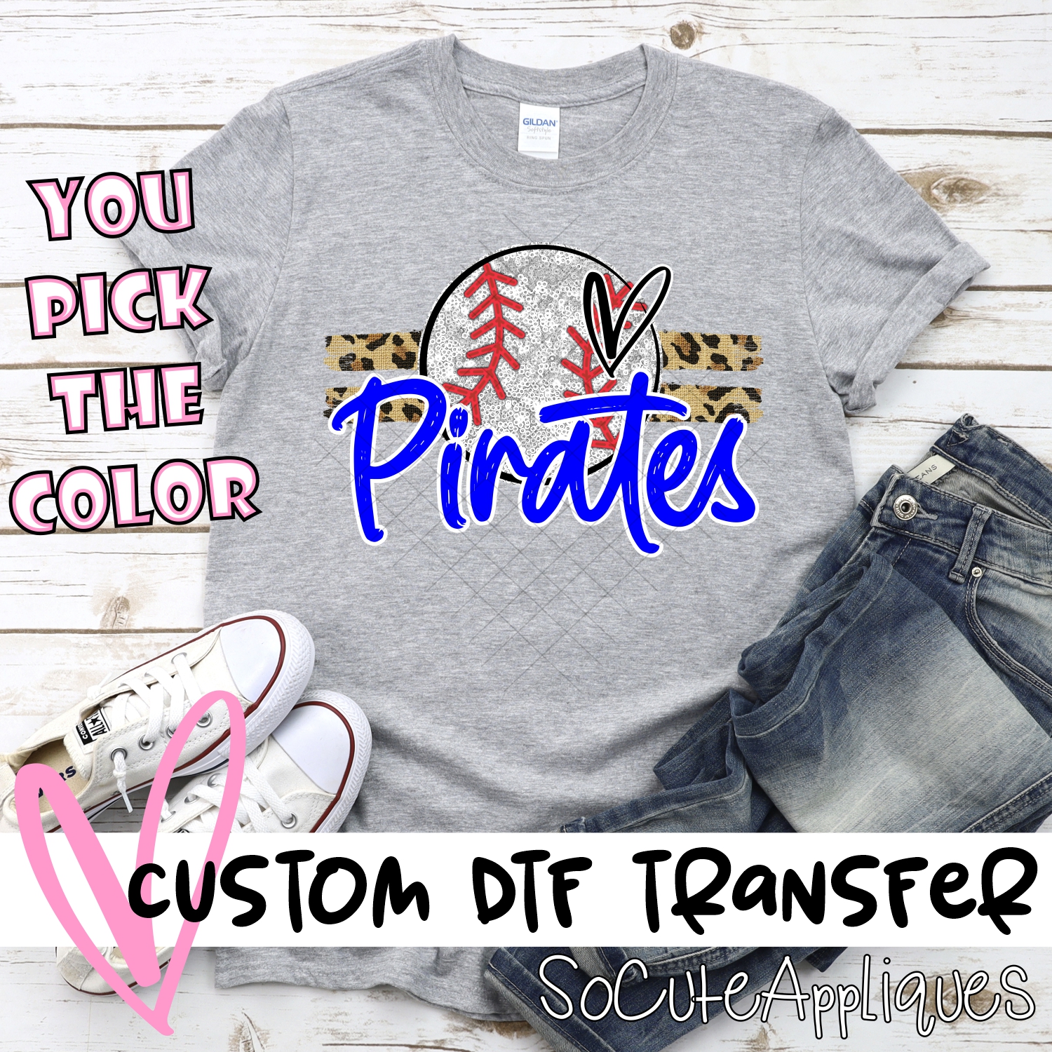 CUSTOM PIRATES (faux) glitter Baseball on leopard stripes *DTF* Transfer