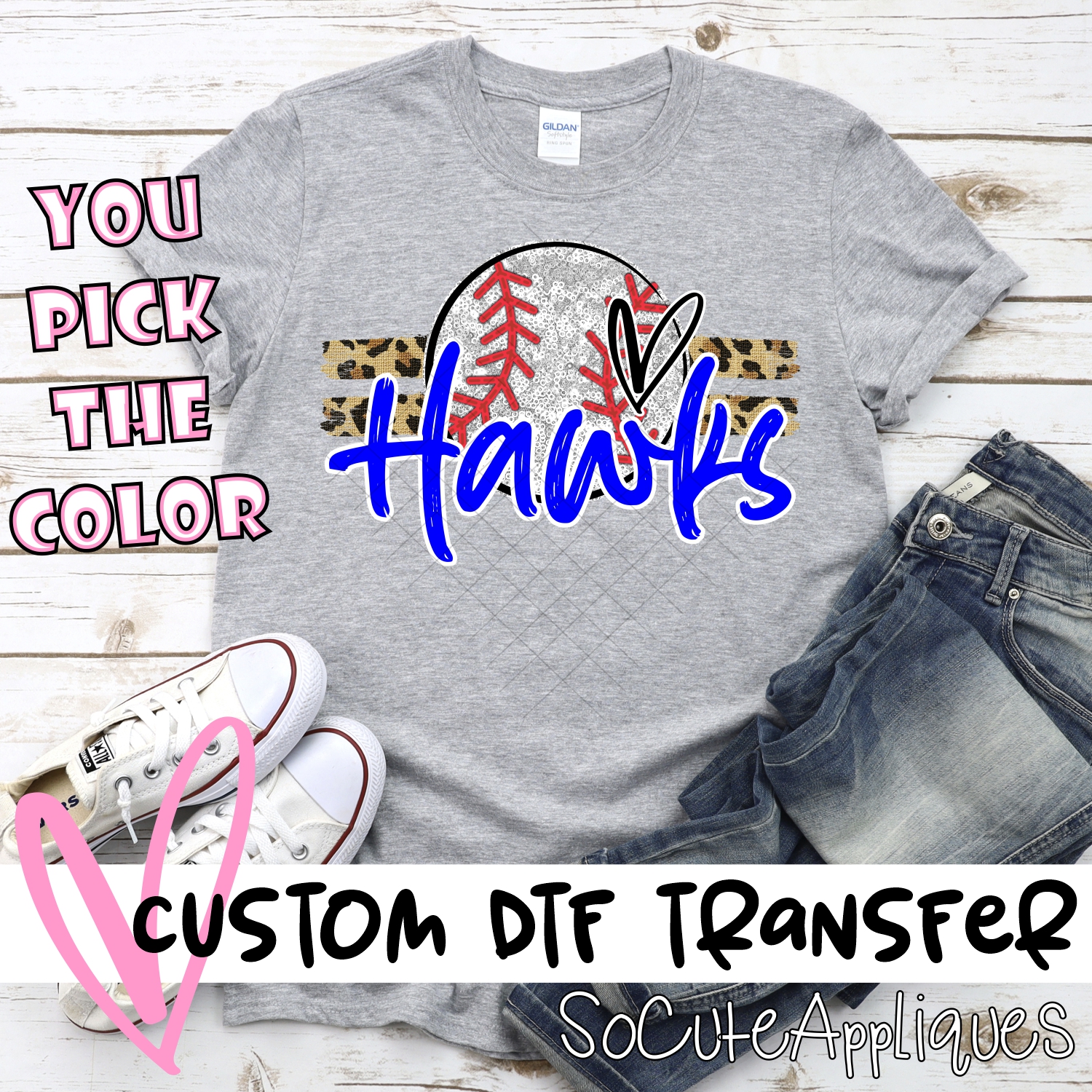 CUSTOM HAWKS (faux) glitter Baseball on leopard stripes *DTF* Transfer