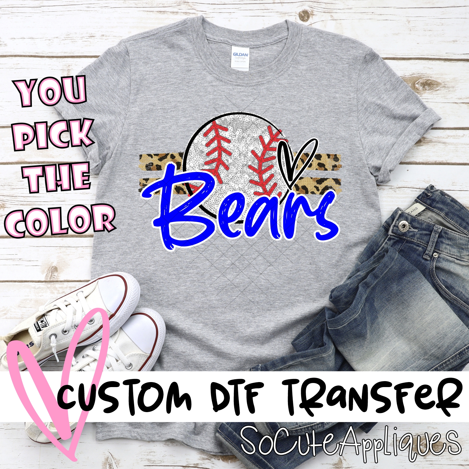 CUSTOM BEARS (faux) glitter Baseball on leopard stripes *DTF* Transfer