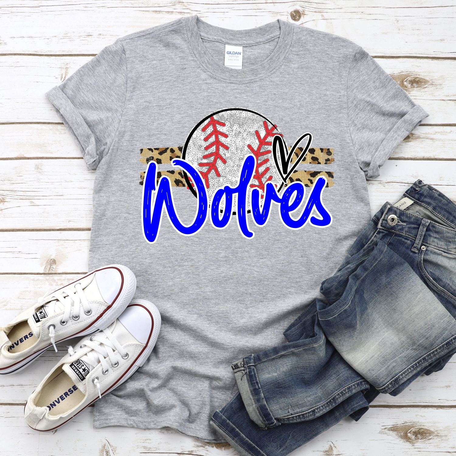 CUSTOM WOLVES (faux) glitter Baseball on leopard stripes *DTF* Transfer - Image 2