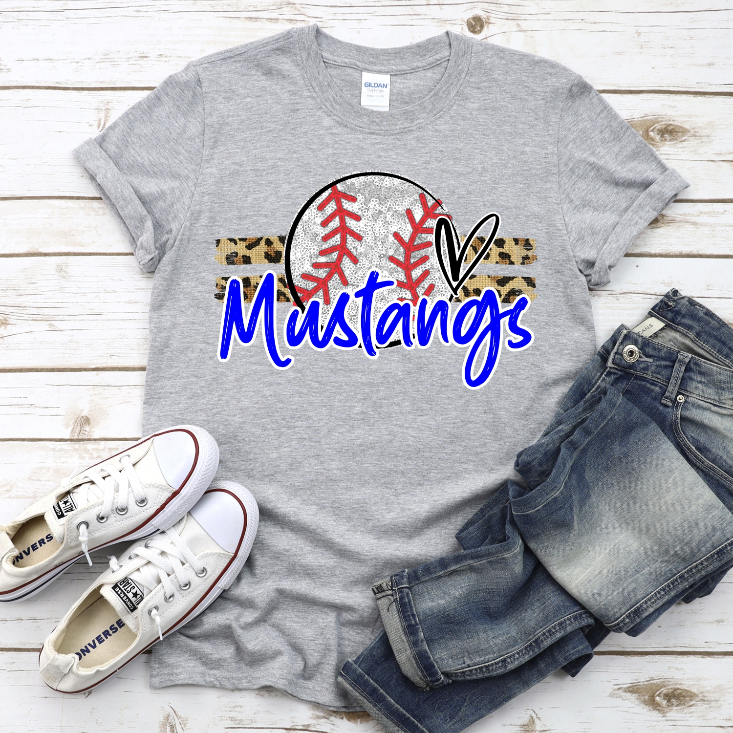 CUSTOM MUSTANGS (faux) glitter Baseball on leopard stripes *DTF* Transfer - Image 2