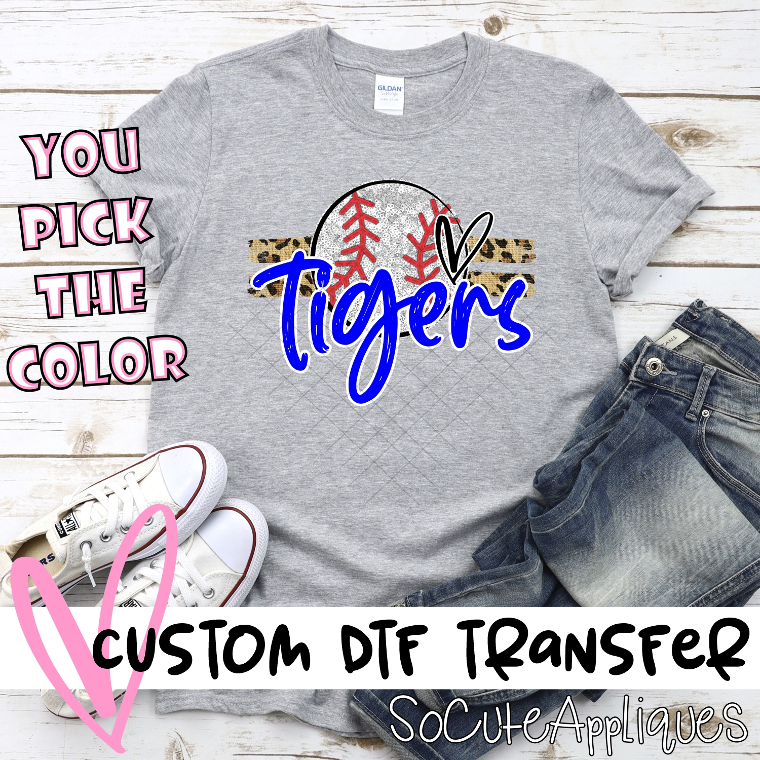 CUSTOM TIGERS (faux) glitter Baseball on leopard stripes *DTF* Transfer