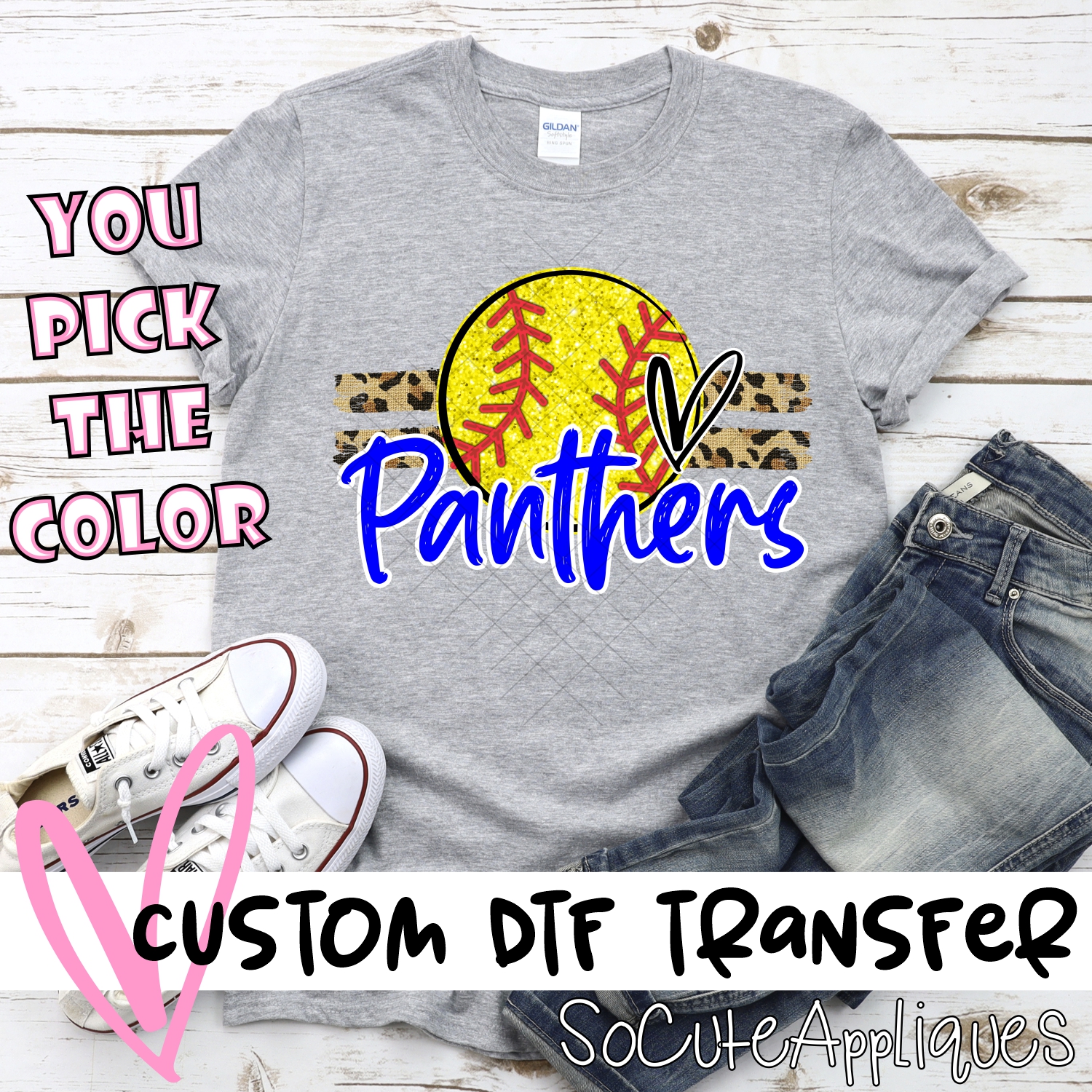 CUSTOM PANTHERS (faux) glitter Softball on leopard stripes *DTF* Transfer