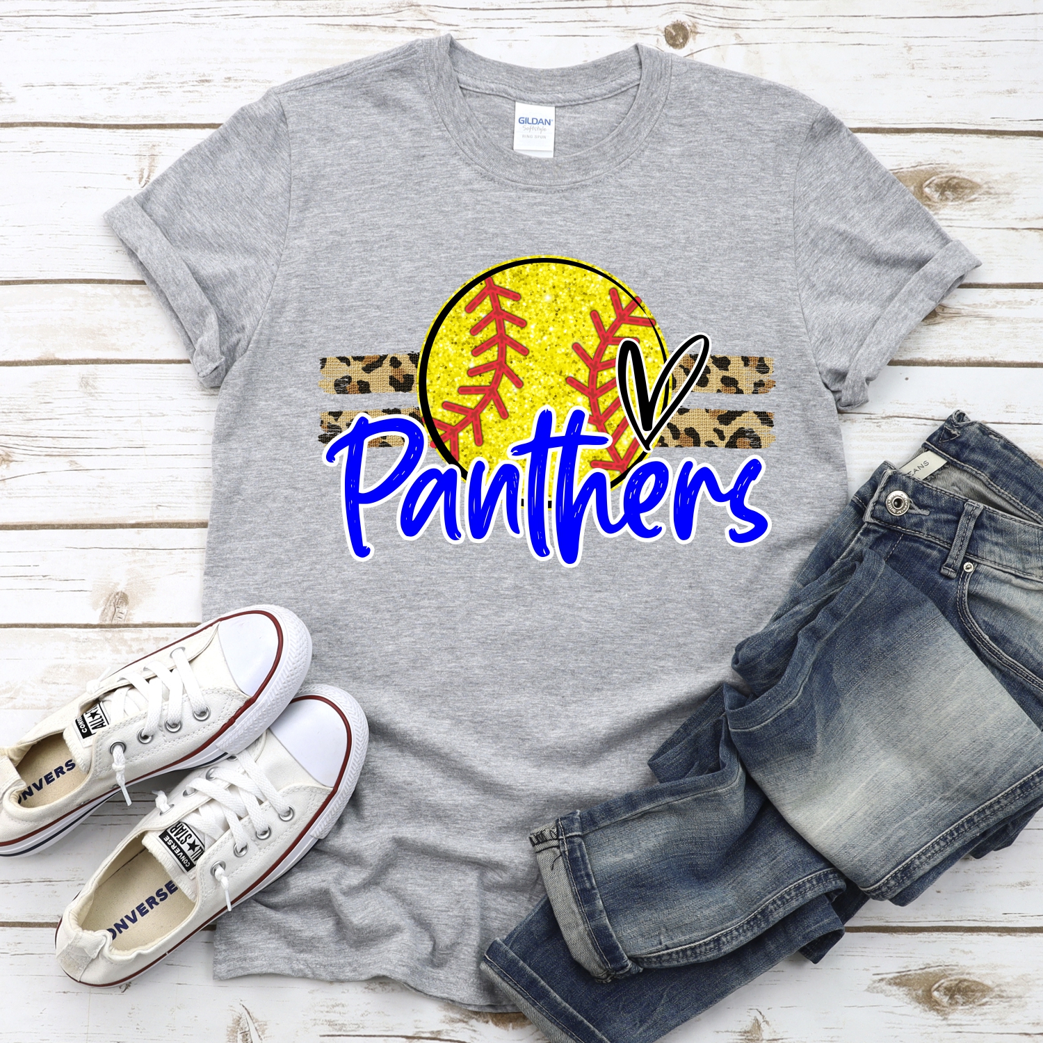 CUSTOM PANTHERS (faux) glitter Softball on leopard stripes *DTF* Transfer - Image 2