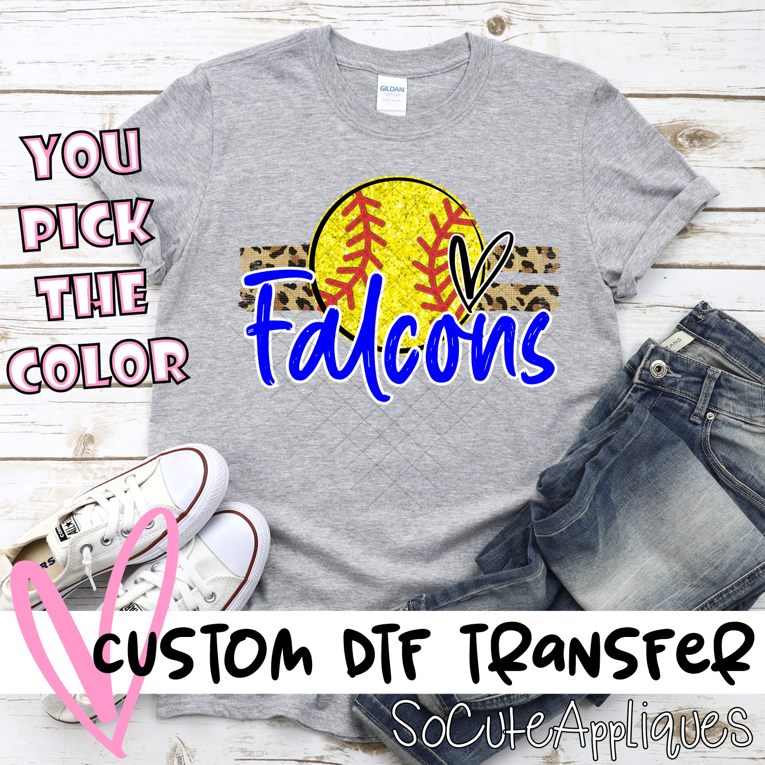 CUSTOM FALCONS (faux) glitter Softball on leopard stripes *DTF* Transfer