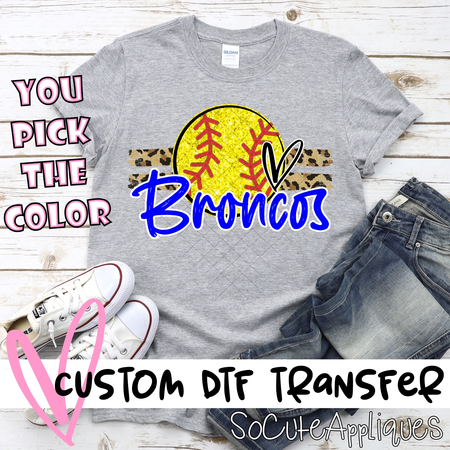 CUSTOM BRONCOS (faux) glitter Softball on leopard stripes *DTF* Transfer