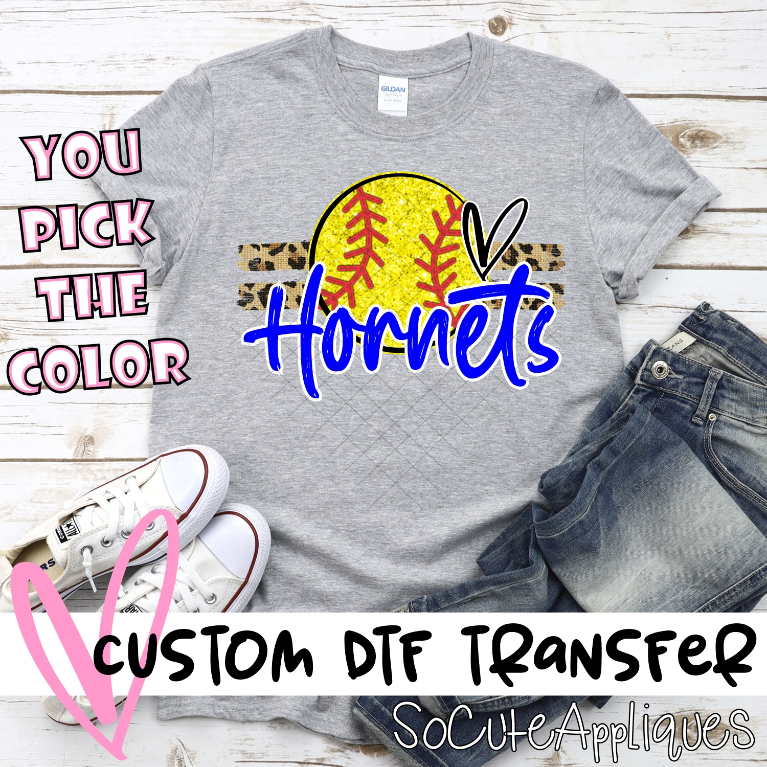CUSTOM HORNETS (faux) glitter Softball on leopard stripes *DTF* Transfer