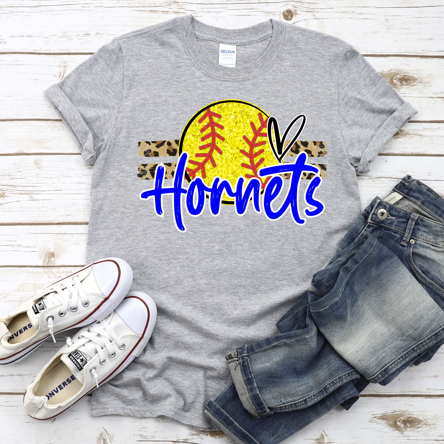 CUSTOM HORNETS (faux) glitter Softball on leopard stripes *DTF* Transfer - Image 2