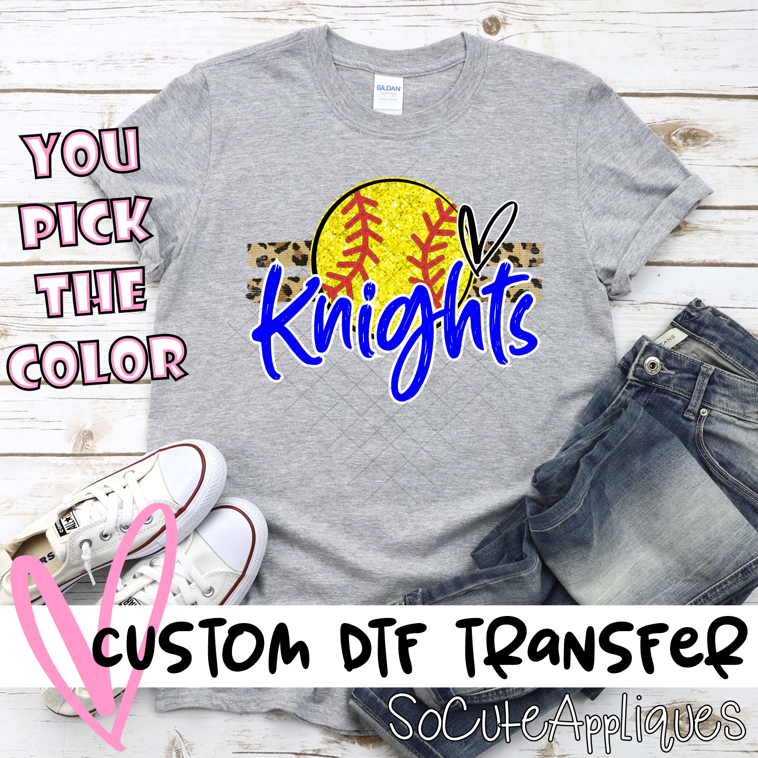 CUSTOM KNIGHTS (faux) glitter Softball on leopard stripes *DTF* Transfer