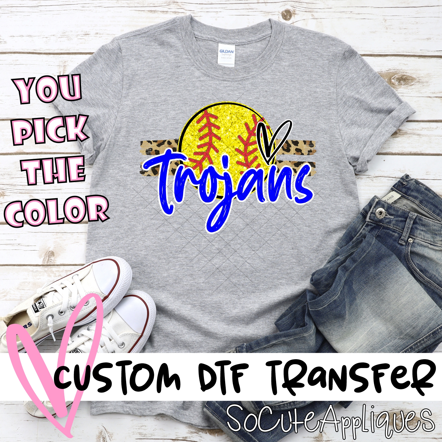 CUSTOM TROJANS (faux) glitter Softball on leopard stripes *DTF* Transfer