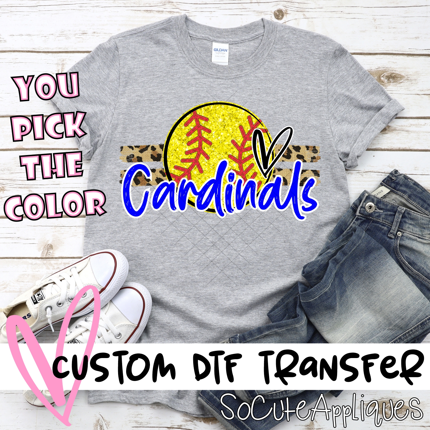 CUSTOM CARDINALS (faux) glitter Softball on leopard stripes *DTF* Transfer