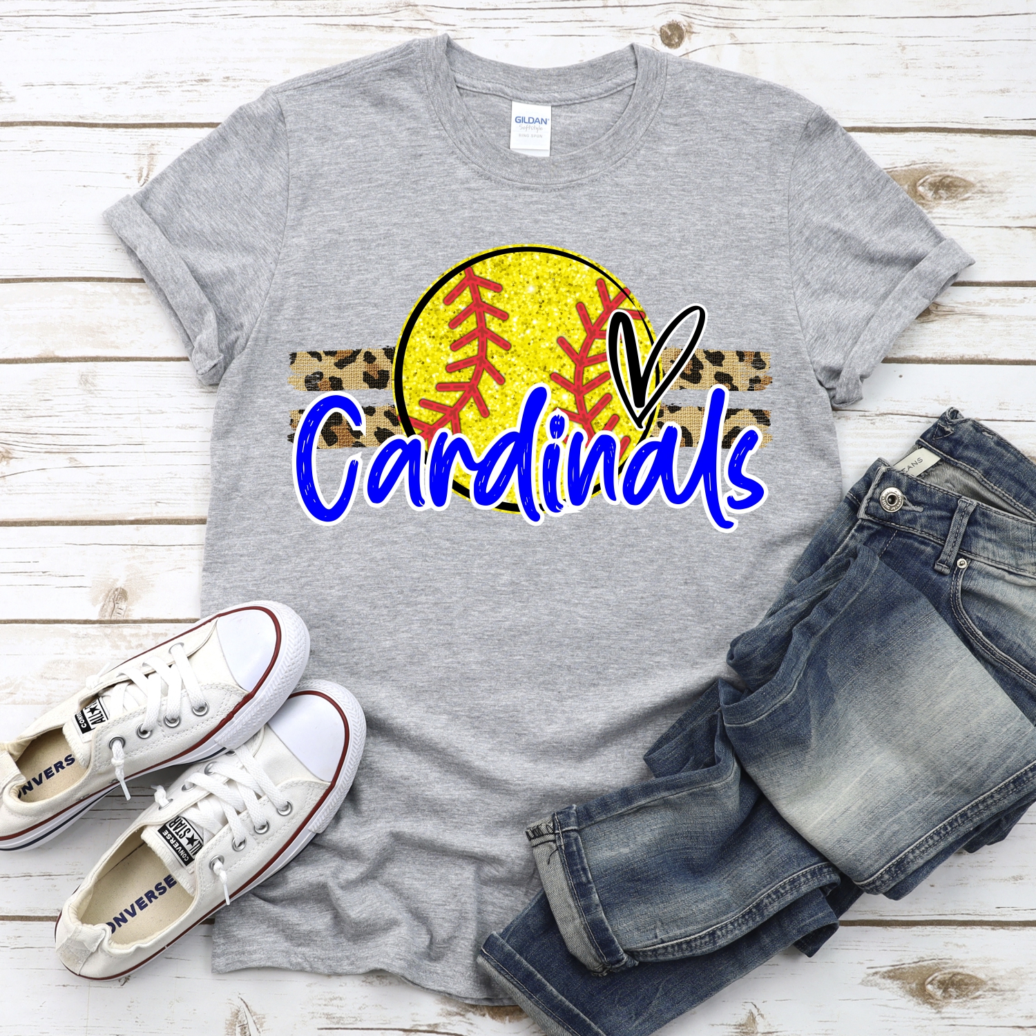 CUSTOM CARDINALS (faux) glitter Softball on leopard stripes *DTF* Transfer - Image 2