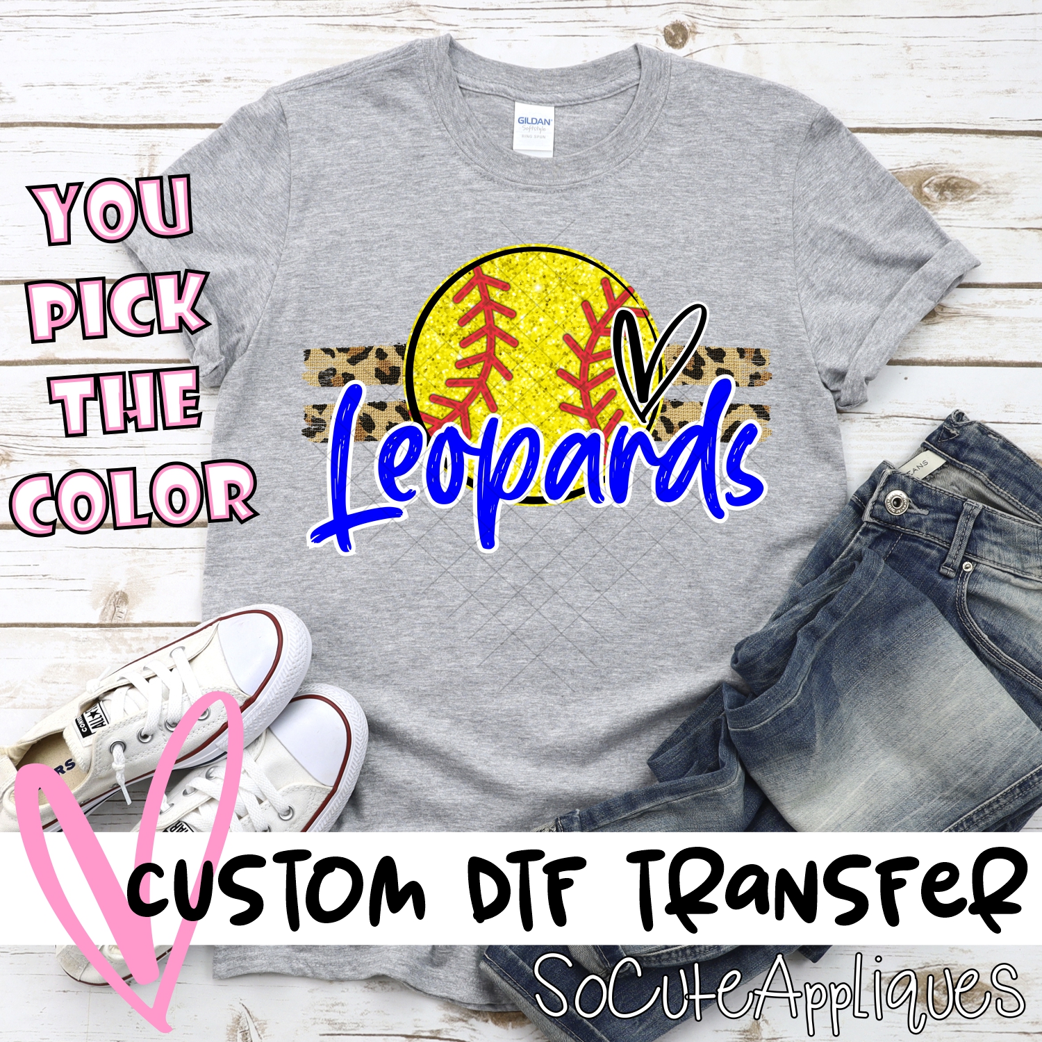 CUSTOM LEOPARDS (faux) glitter Softball on leopard stripes *DTF* Transfer
