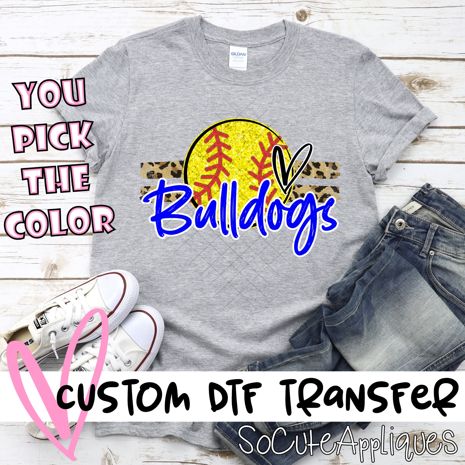 CUSTOM BULLDOGS (faux) glitter Softball on leopard stripes *DTF* Transfer