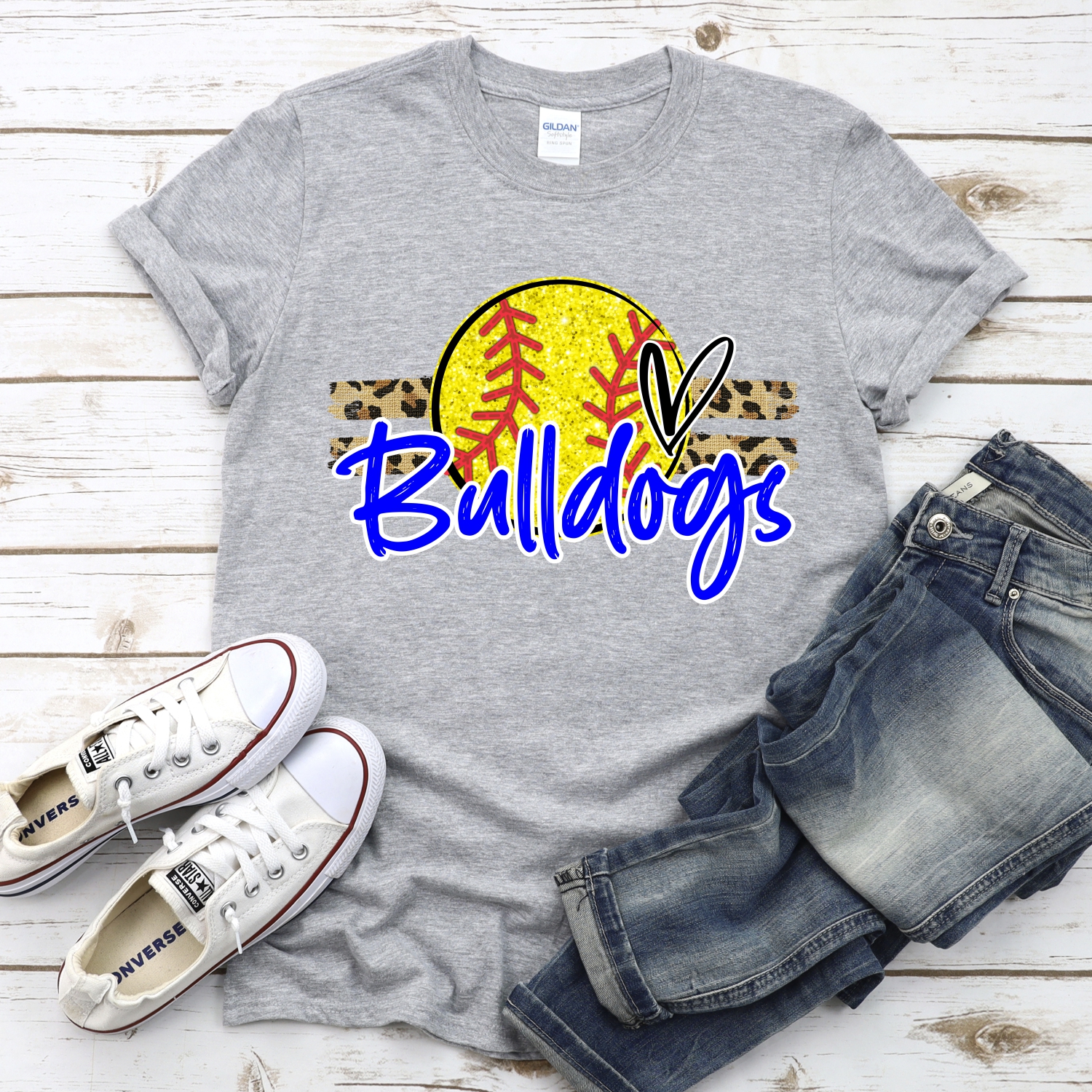CUSTOM BULLDOGS (faux) glitter Softball on leopard stripes *DTF* Transfer - Image 2